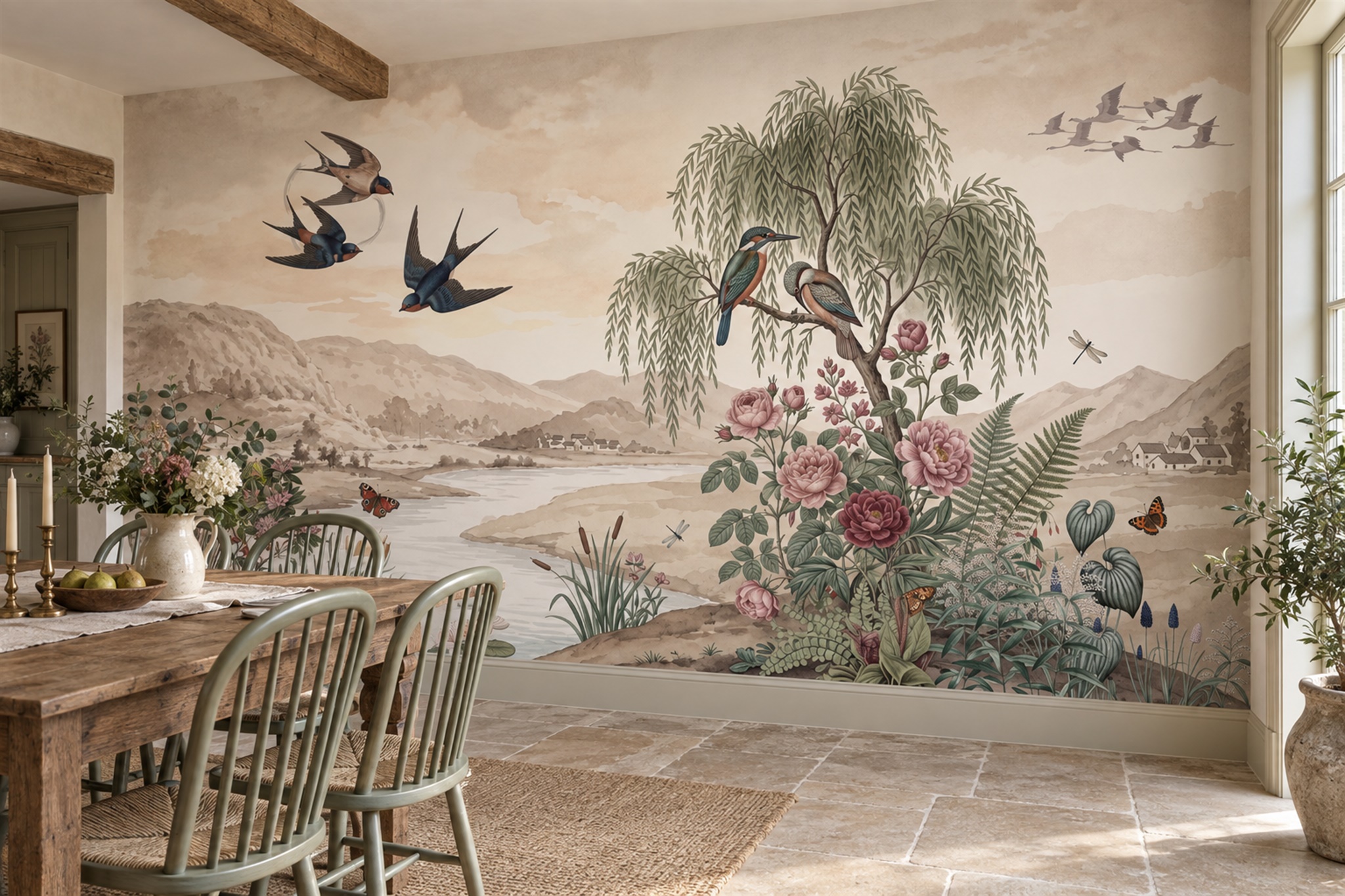 Pink Botanical Botanical Decorative Wallpaper Mural Dining-room-wallpaper-murals, Peel-and-stick Finish