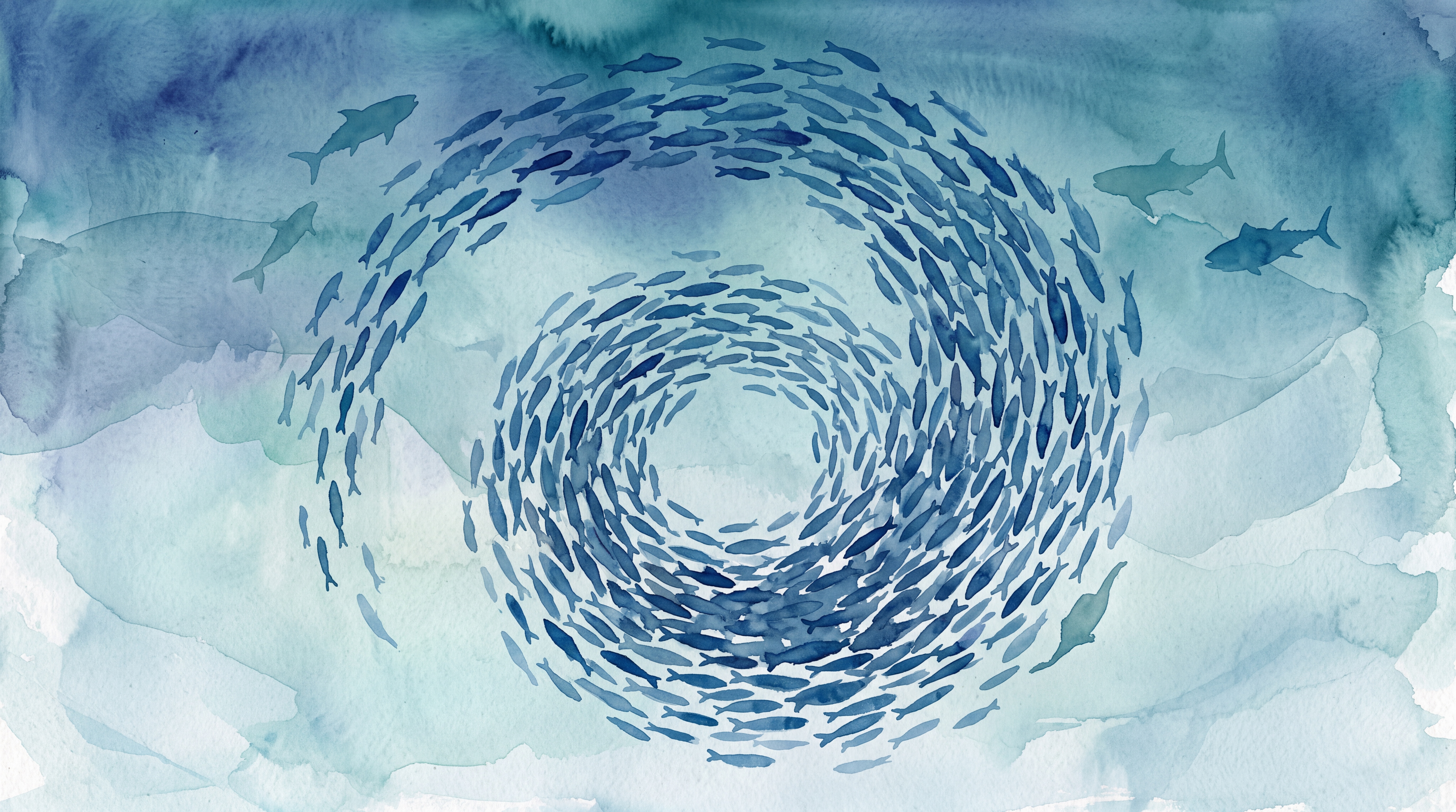 Blue Fish Illustrated Decorative Wallpaper Mural, Peel-and-stick Finish