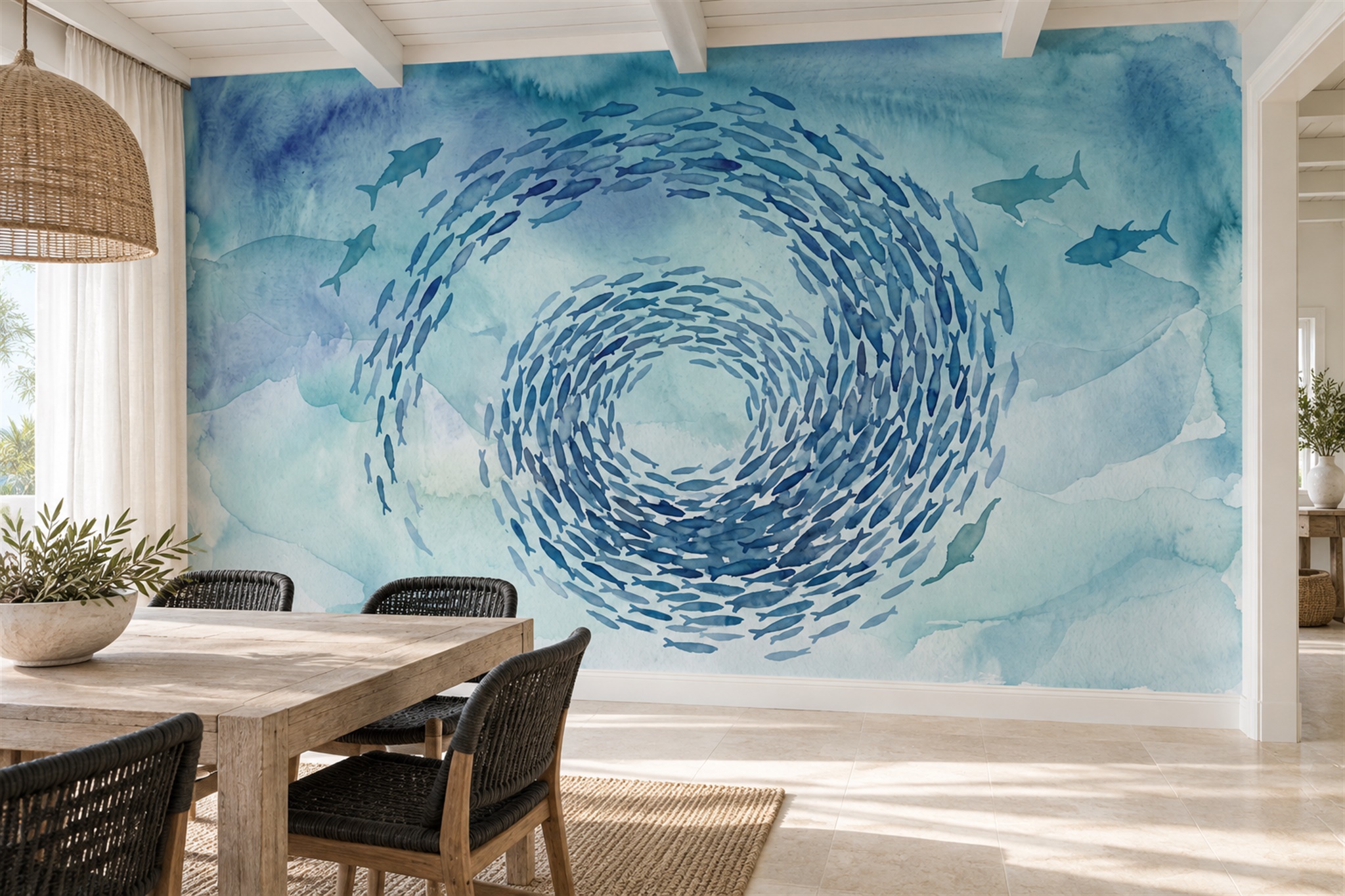 Blue Fish Illustrated Decorative Wallpaper Mural Dining-room-wallpaper-murals, Peel-and-stick Finish