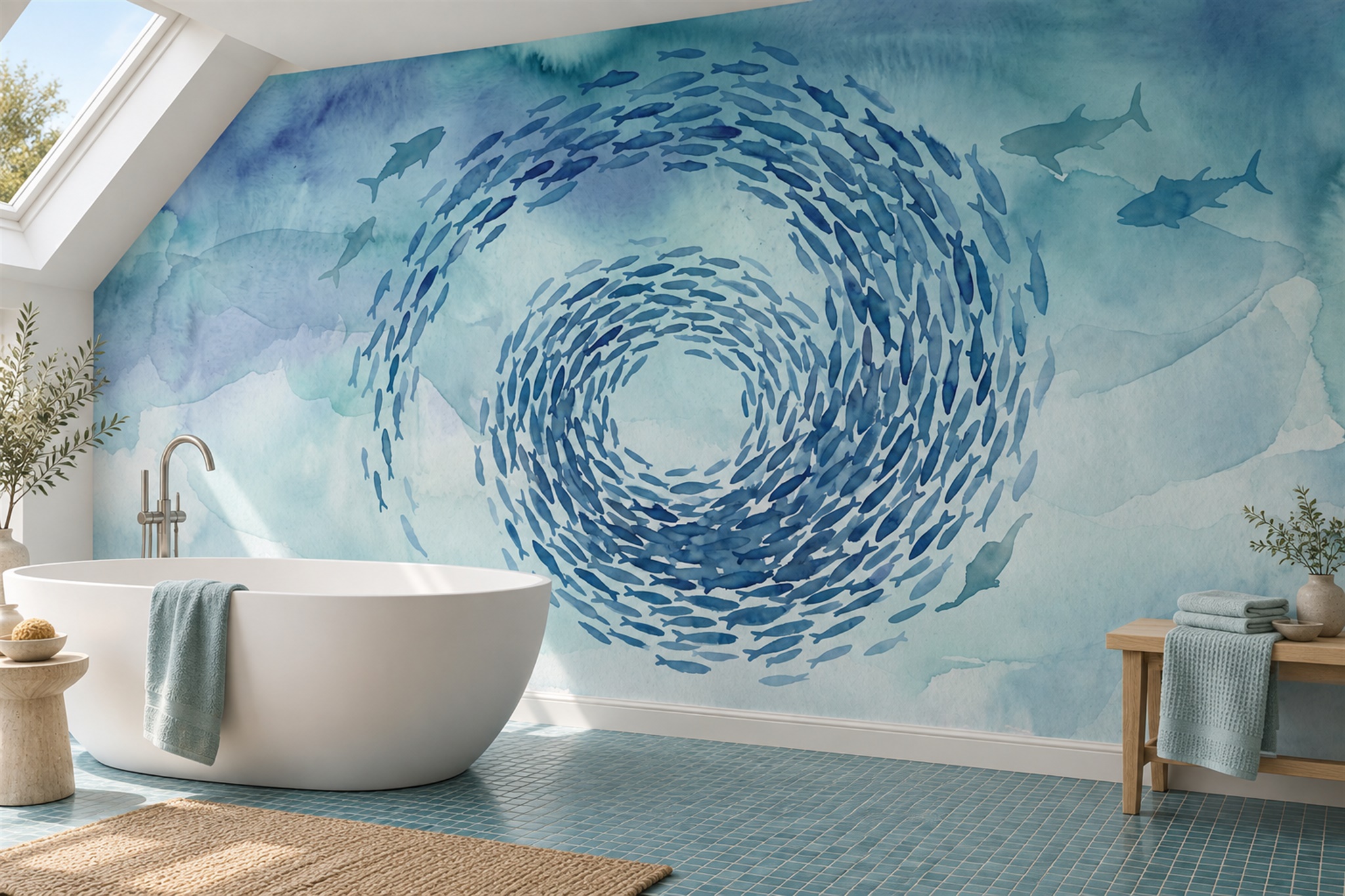 Blue Fish Illustrated Decorative Wallpaper Mural Bathroom-wallpaper-murals, Peel-and-stick Finish