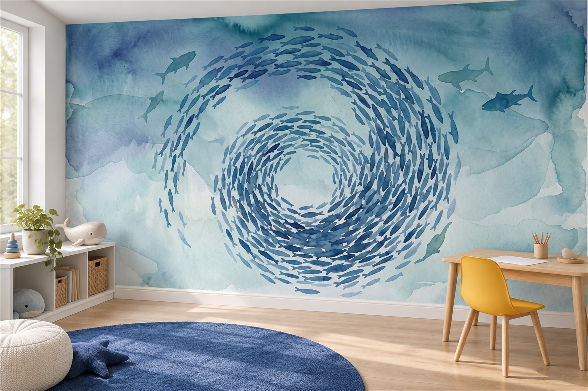 Blue Fish Illustrated Decorative Wallpaper Mural Dining-room-wallpaper-murals, Peel-and-stick Finish