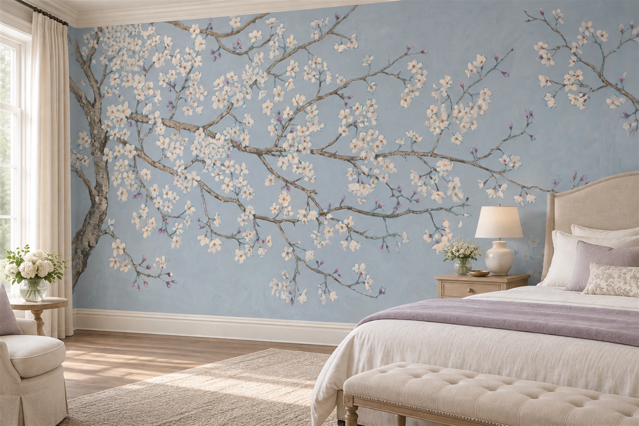 Blue Blossom Botanical Decorative Wallpaper Mural Bedroom-wallpaper-murals, Peel-and-stick Finish