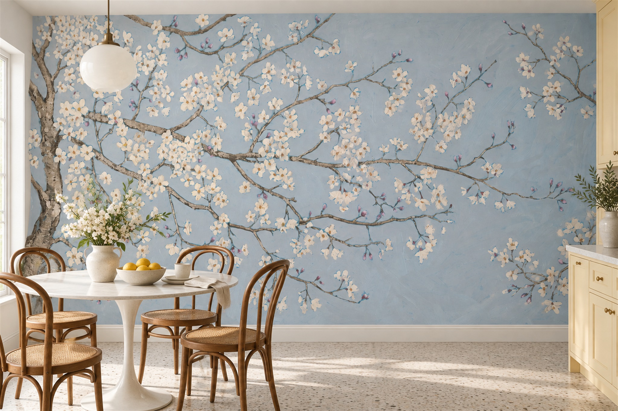 White Cherry Blossoms On Blue Wallpaper Mural — Wallpaper Mural Design, Peel-and-stick Finish