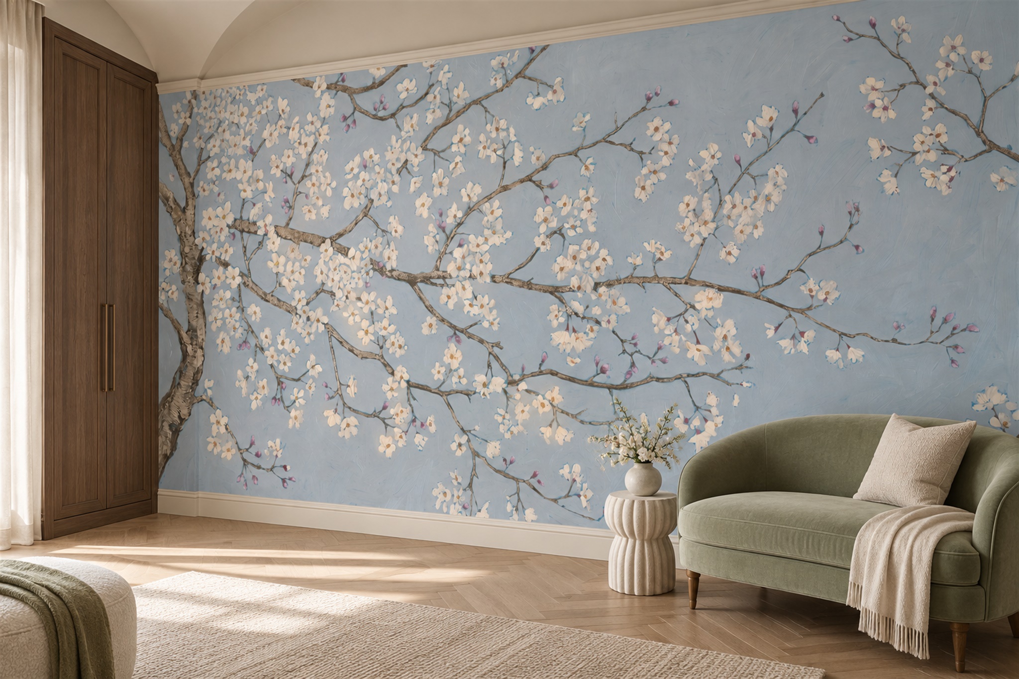 Blue Blossom Botanical Decorative Wallpaper Mural Accent-wall-wallpaper-murals, Peel-and-stick Finish