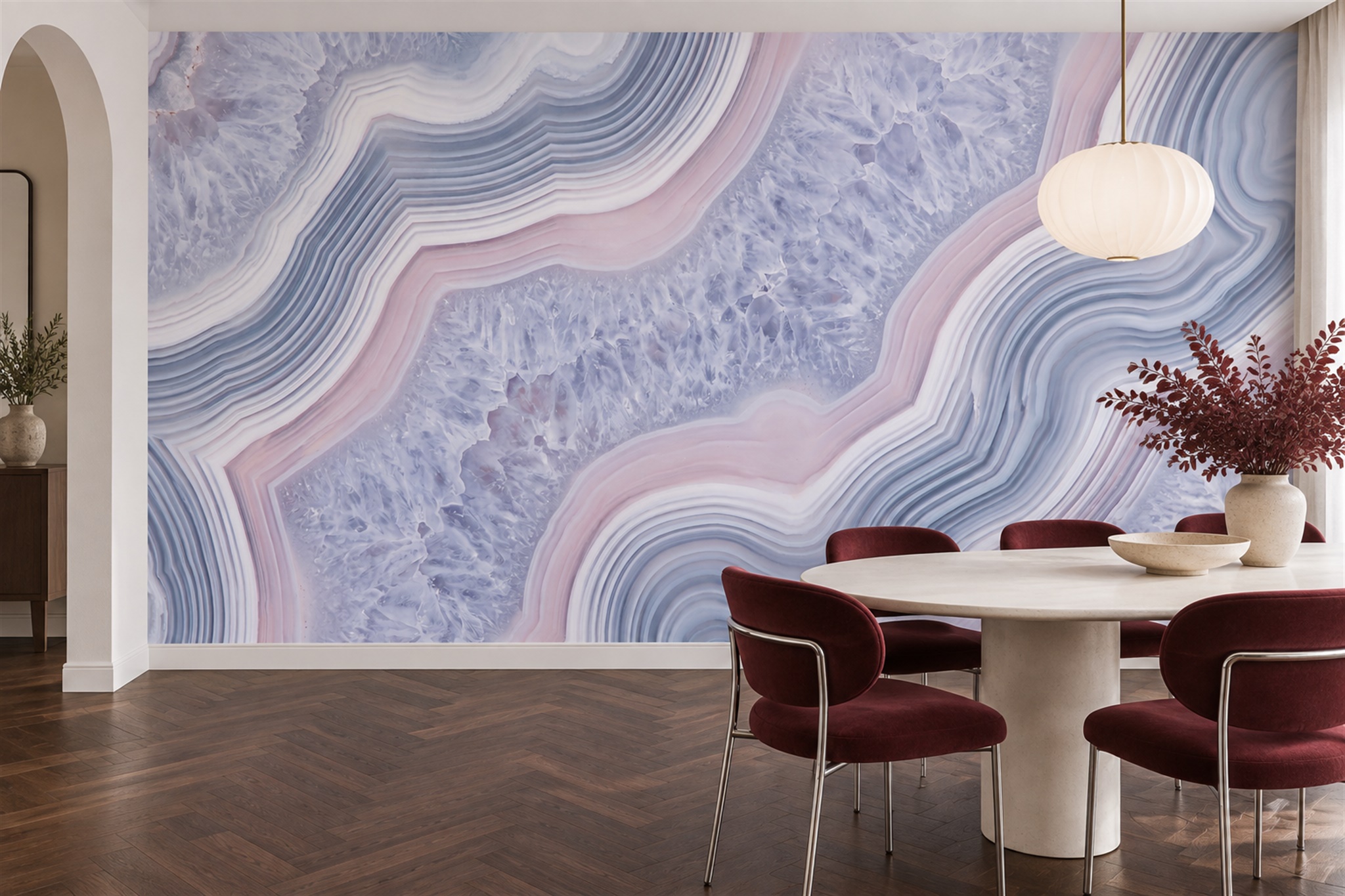 Lilac Fluid Artful Wallpaper Mural Dining-room-wallpaper-murals, Shown In A Dining Room, Peel-and-stick Finish