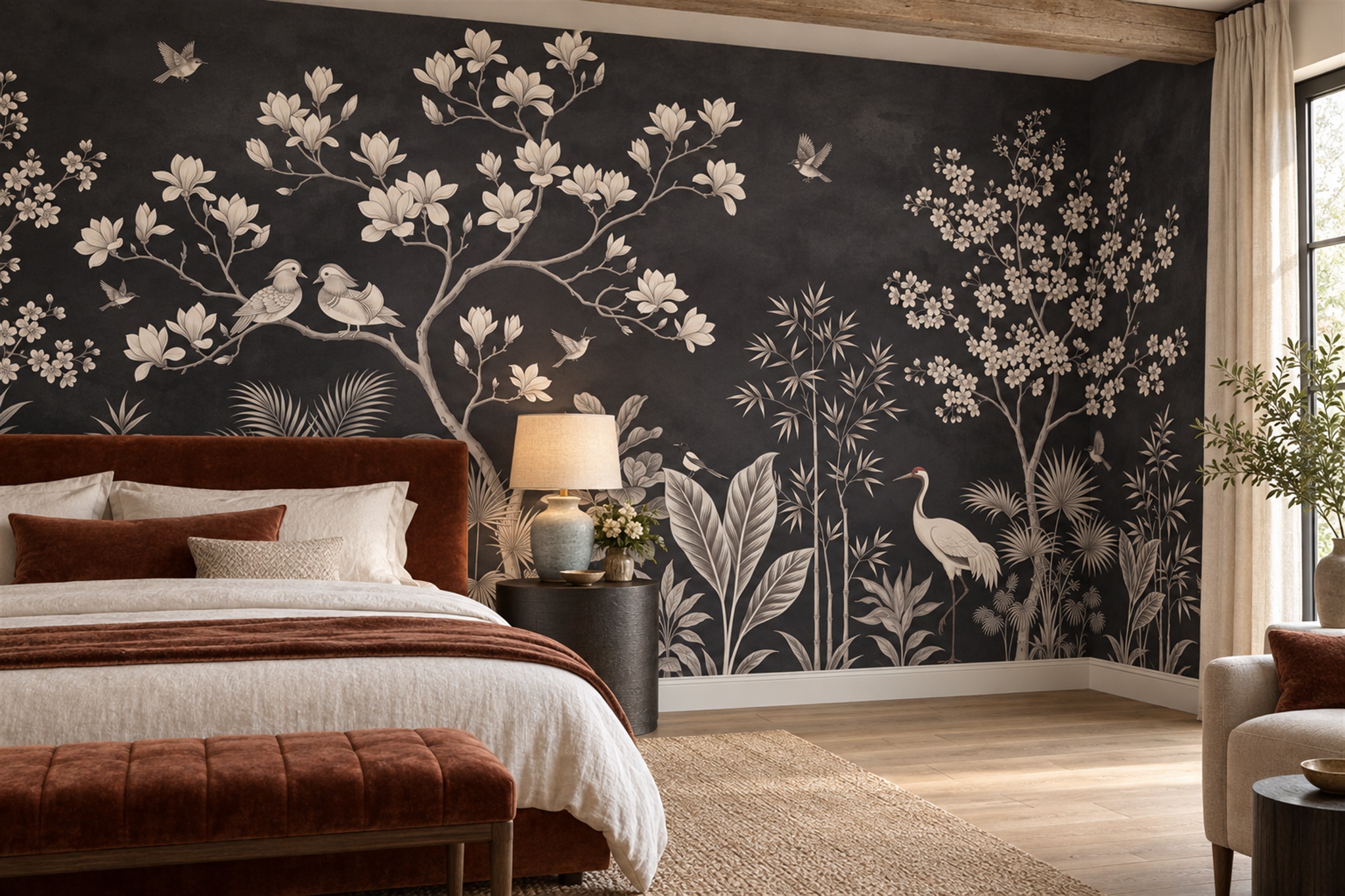 Cranes, Songbirds And Blossoms On Charcoal Wallpaper Mural — Installed Wallpaper Mural In A Bedroom, Peel-and-stick Finish