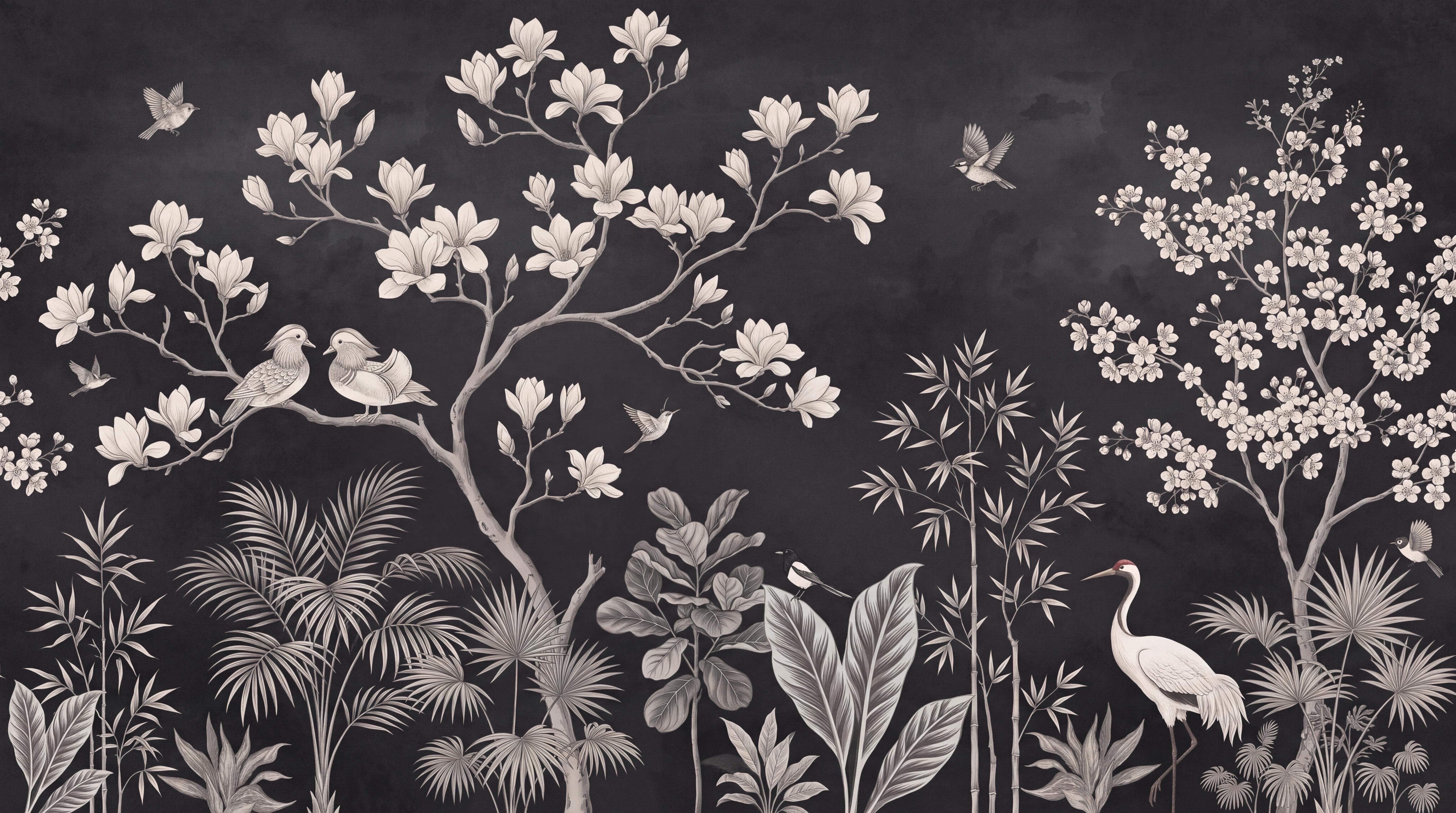 Black Crane Illustrated Wallpaper Mural, Peel-and-stick Finish