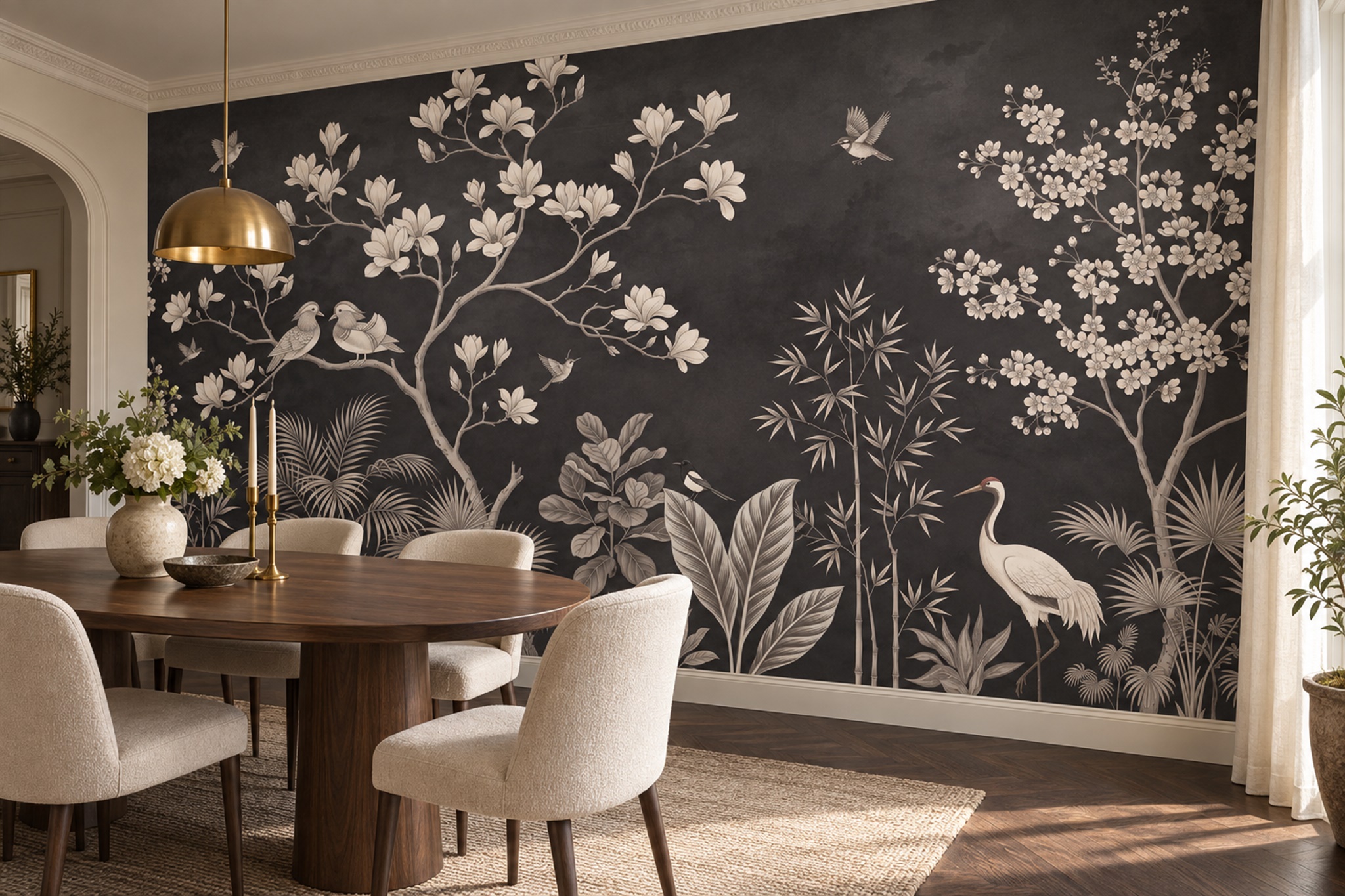 Black Crane Illustrated Wallpaper Mural Dining-room-wallpaper-murals, Shown In A Dining Room, Peel-and-stick Finish