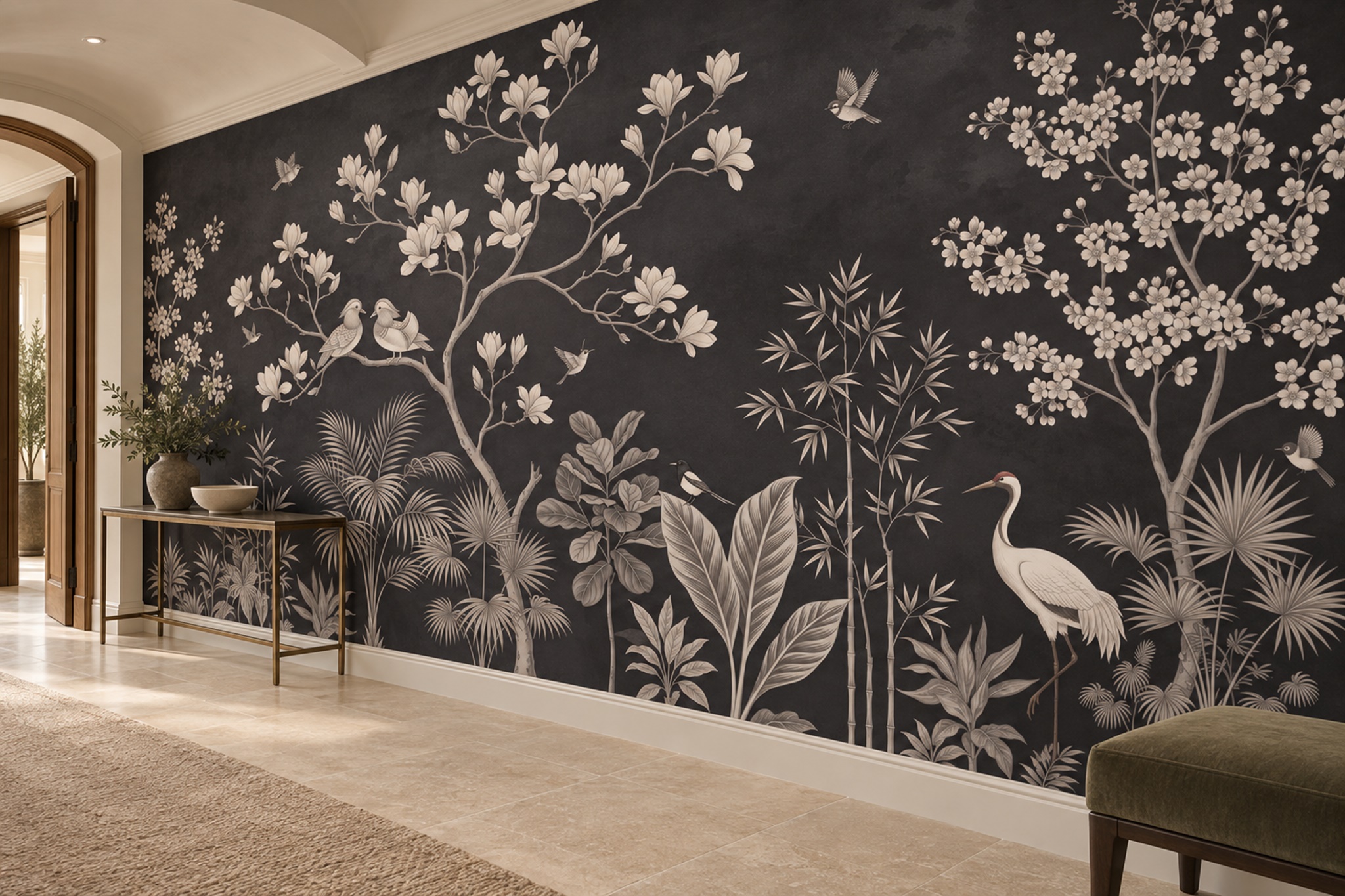 Black Crane Illustrated Wallpaper Mural Hallway-wallpaper-murals, Peel-and-stick Finish