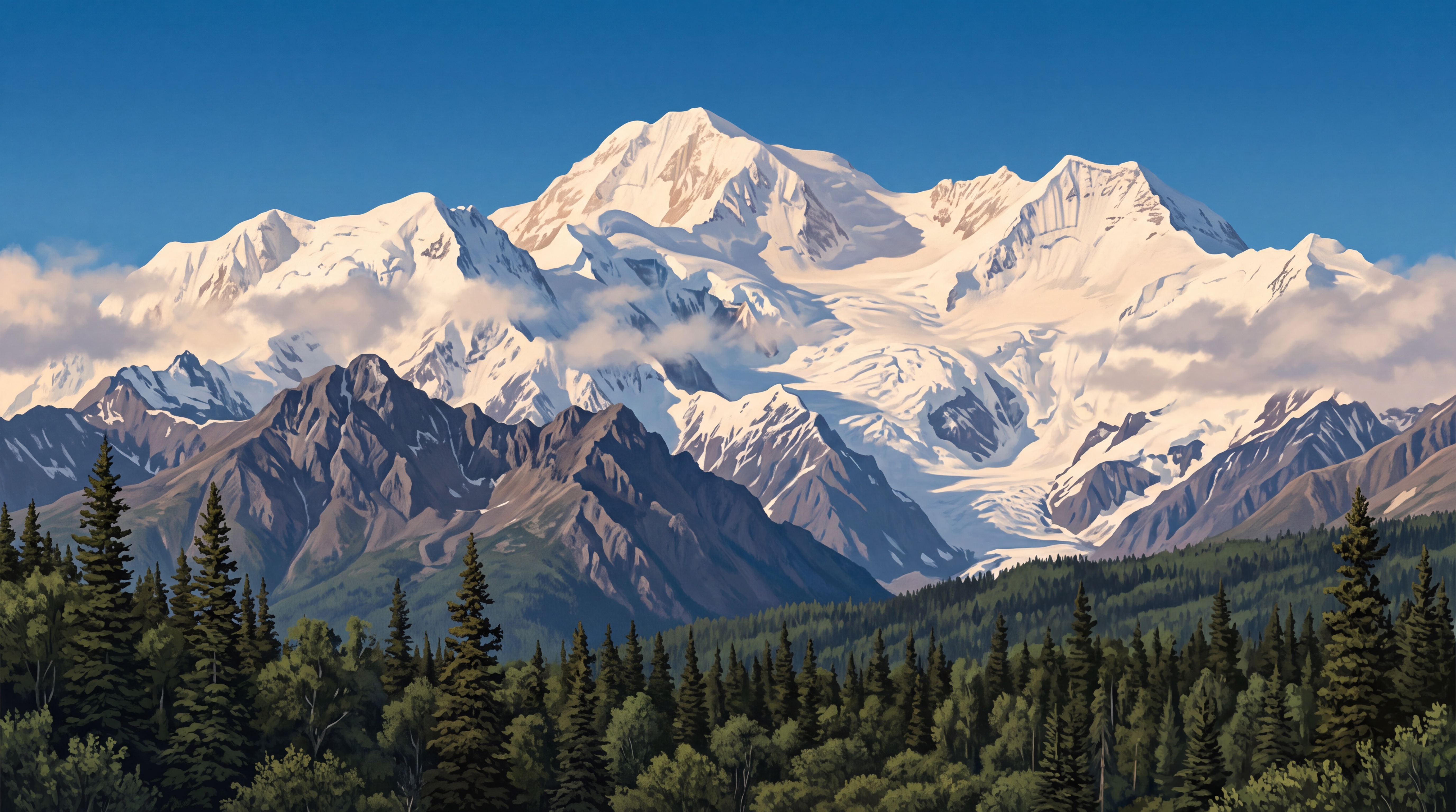 Blue Alpine Scenic Painterly Wallpaper Mural, Peel-and-stick Finish