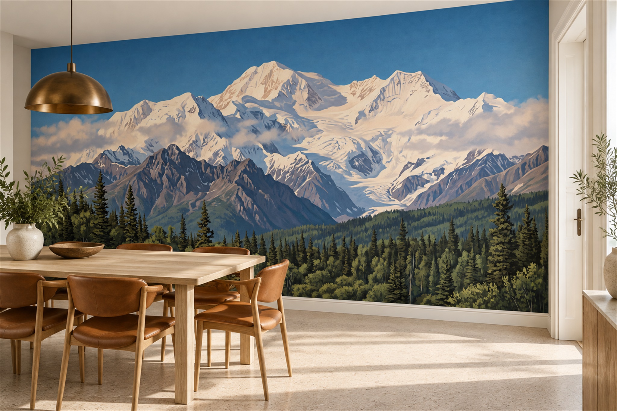 Blue Alpine Scenic Painterly Wallpaper Mural Dining-room-wallpaper-murals, Shown In A Dining Room, Peel-and-stick Finish