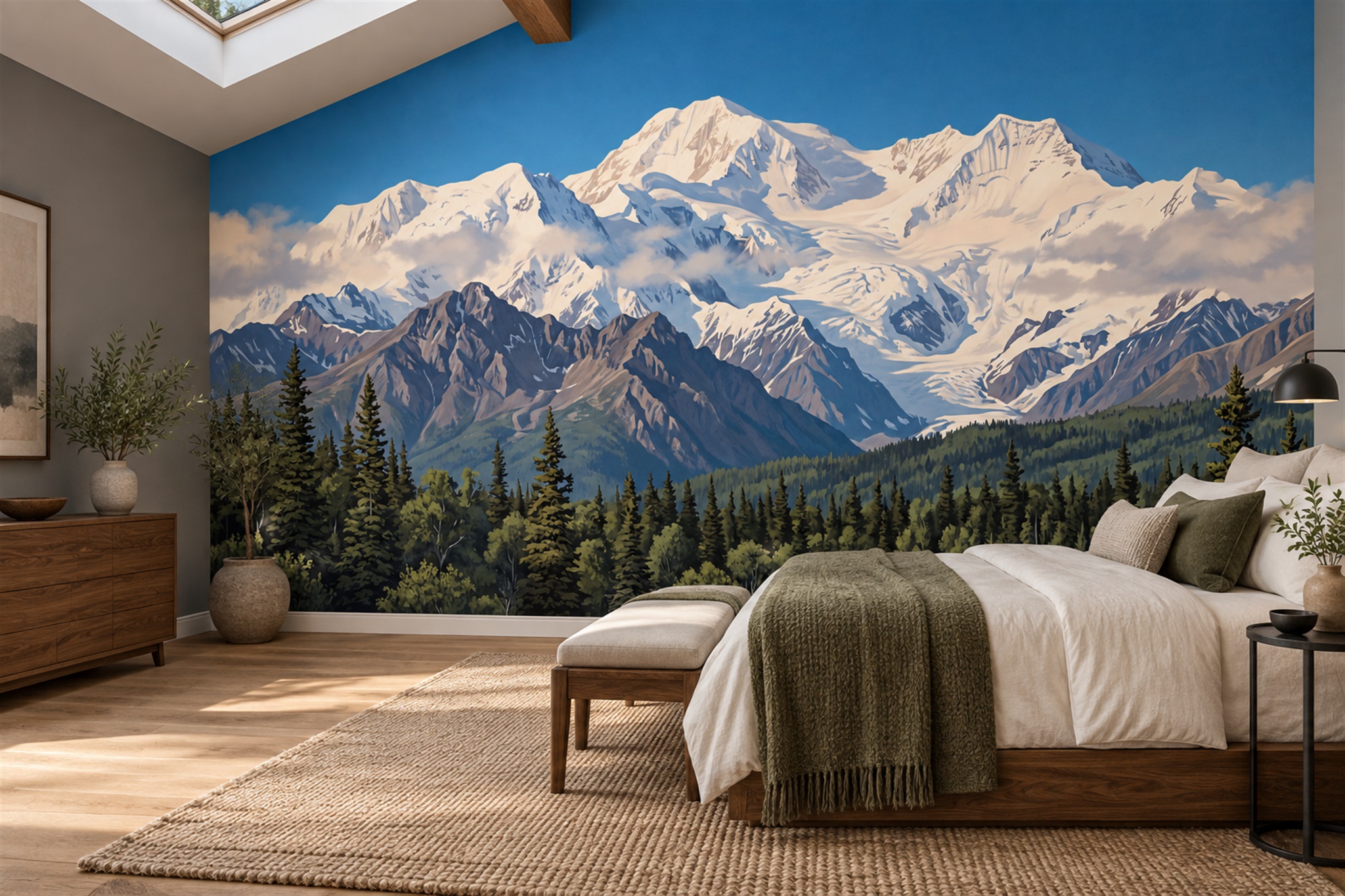 Blue Alpine Scenic Painterly Wallpaper Mural Feature-wall-wallpaper-murals, Peel-and-stick Finish