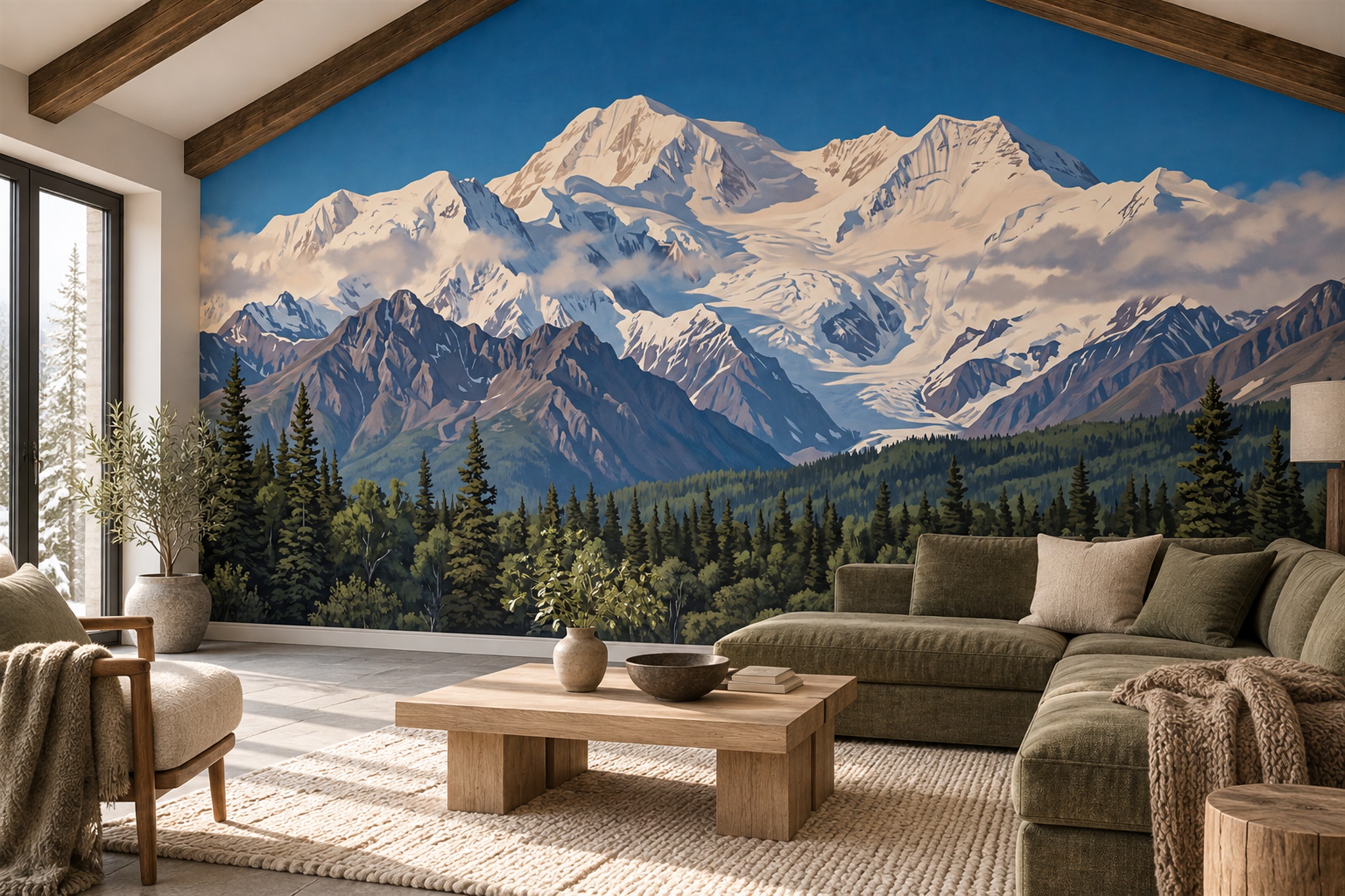 Snow-capped Alpine Peaks And Evergreen Forest Wallpaper Mural — Wallpaper Mural Design, Peel-and-stick Finish