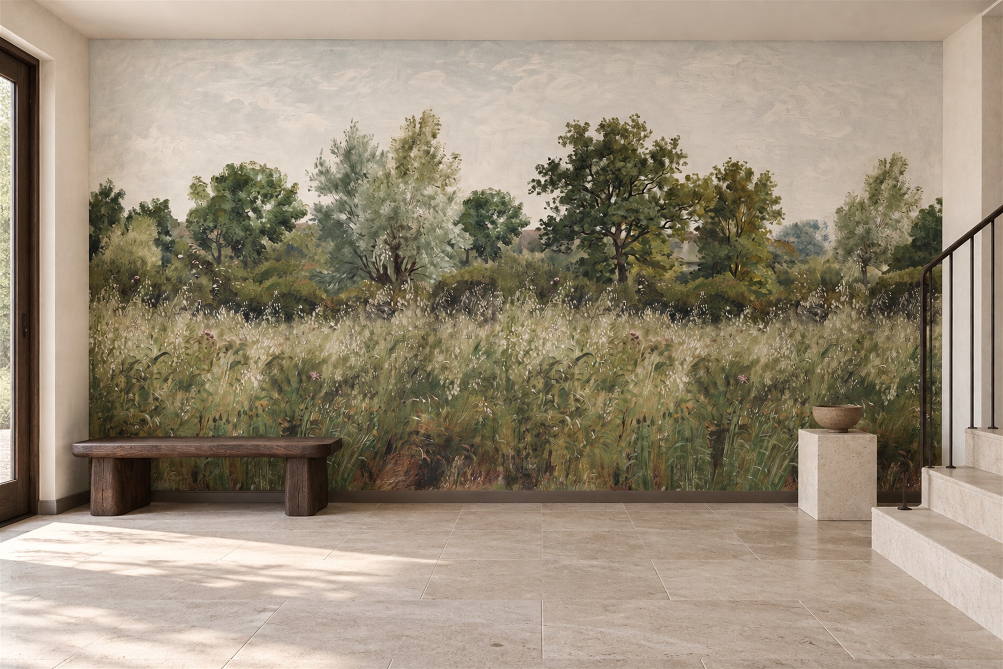 Olive Meadow Scenic Wallpaper Mural Entryway-wallpaper-murals, Peel-and-stick Finish
