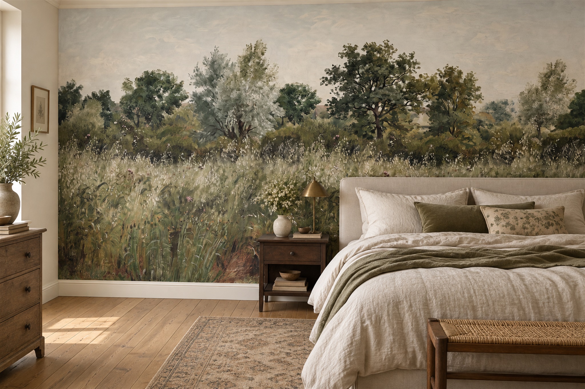 Olive Green Meadow And Tree Line Watercolour Wallpaper Mural — Installed Wallpaper Mural In A Bedroom, Peel-and-stick Finish