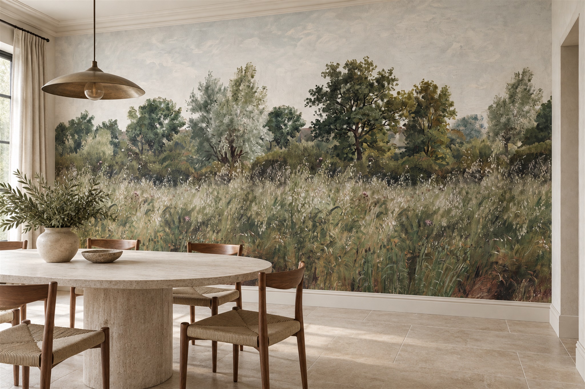 Olive Meadow Scenic Wallpaper Mural Dining-room-wallpaper-murals, Shown In A Dining Room, Peel-and-stick Finish