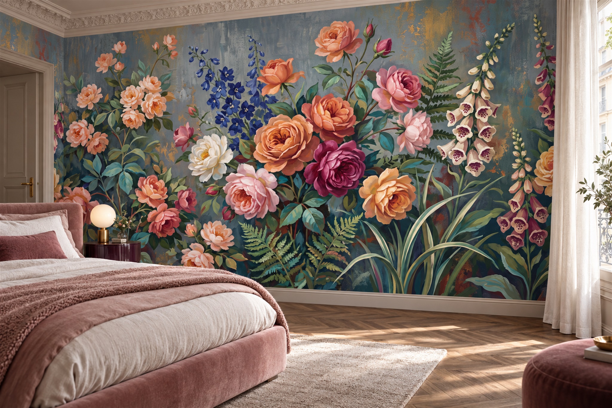 Teal Vintage Artful Decorative Wallpaper Mural Bedroom-wallpaper-murals, Peel-and-stick Finish