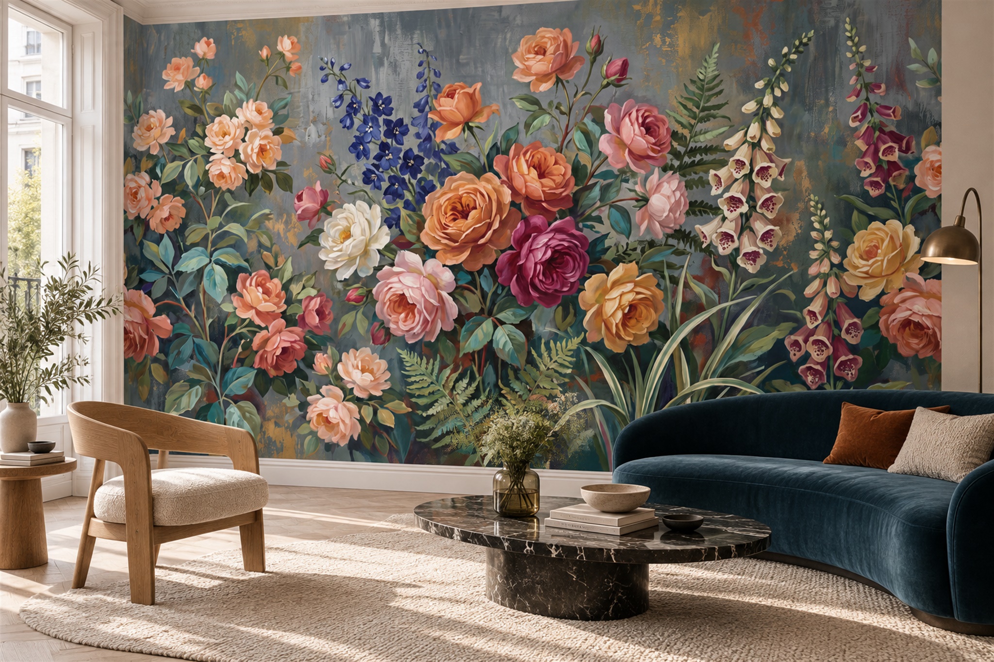 Peach Roses And Foxgloves On A Teal Grey Ground Wallpaper Mural — Wallpaper Mural Design, Peel-and-stick Finish