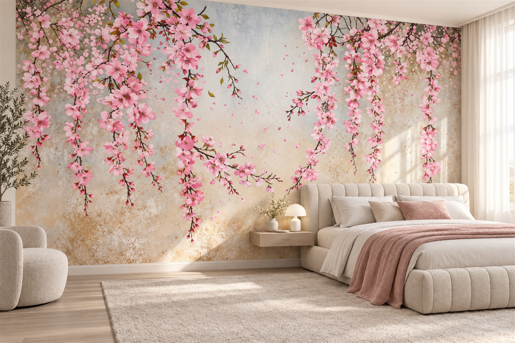 Pink Cherry Blossom Branches On A Textured Neutral Ground Wallpaper Mural — Installed Wallpaper Mural In A Bedroom, Peel-and-stick Finish