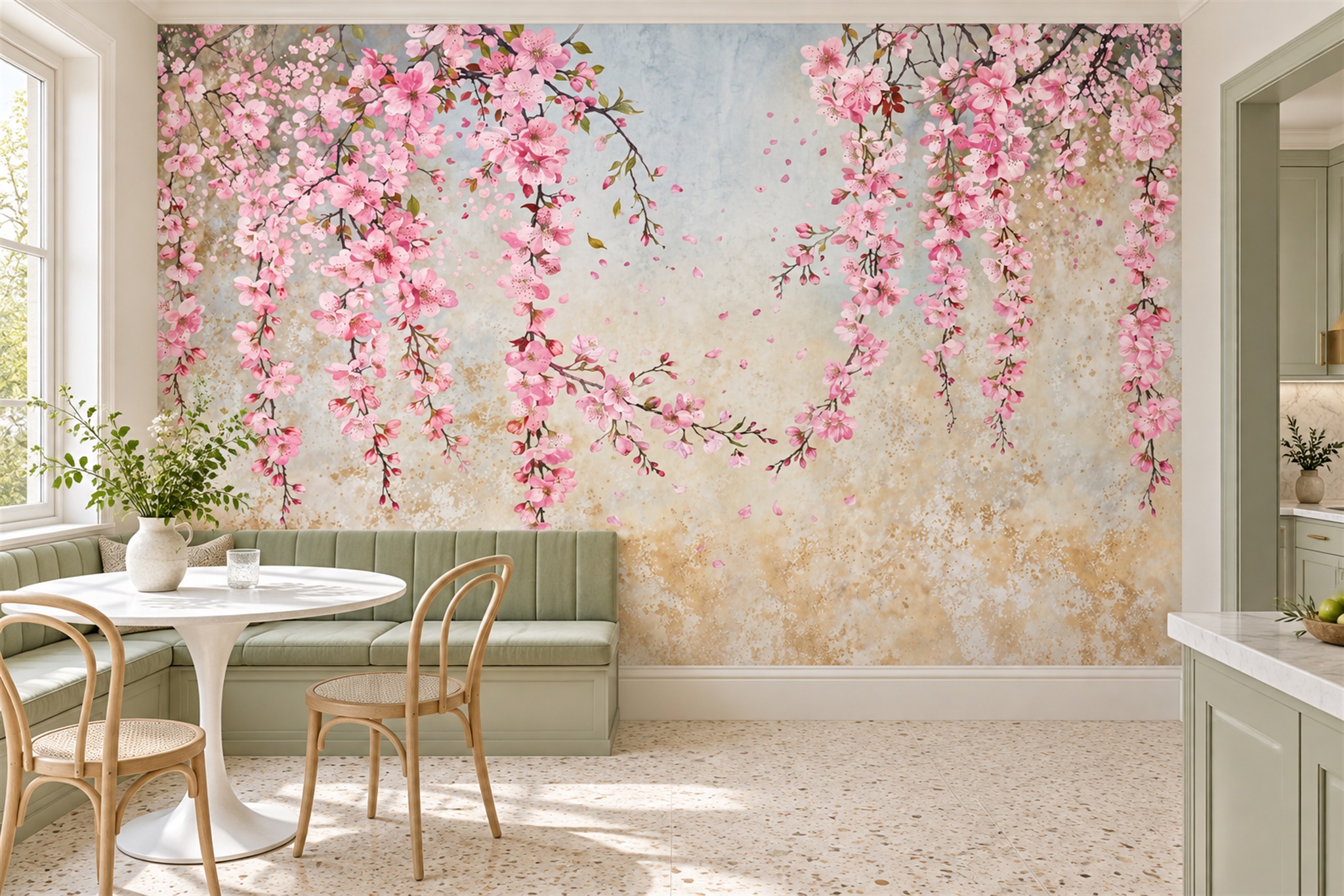 Pink Vine Botanical Decorative Wallpaper Mural Dining-room-wallpaper-murals, Shown In A Dining Room, Peel-and-stick Finish
