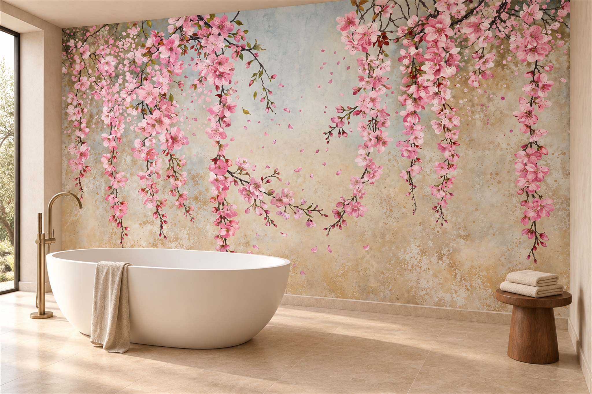 Pink Vine Botanical Decorative Wallpaper Mural Bathroom-wallpaper-murals, Peel-and-stick Finish