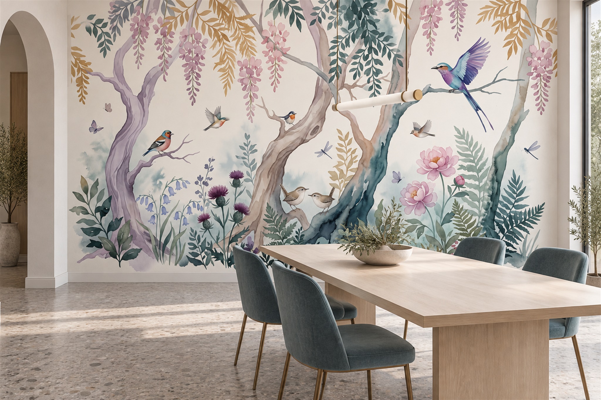 Mint Botanical Botanical Wallpaper Mural Dining-room-wallpaper-murals, Shown In A Dining Room, Peel-and-stick Finish