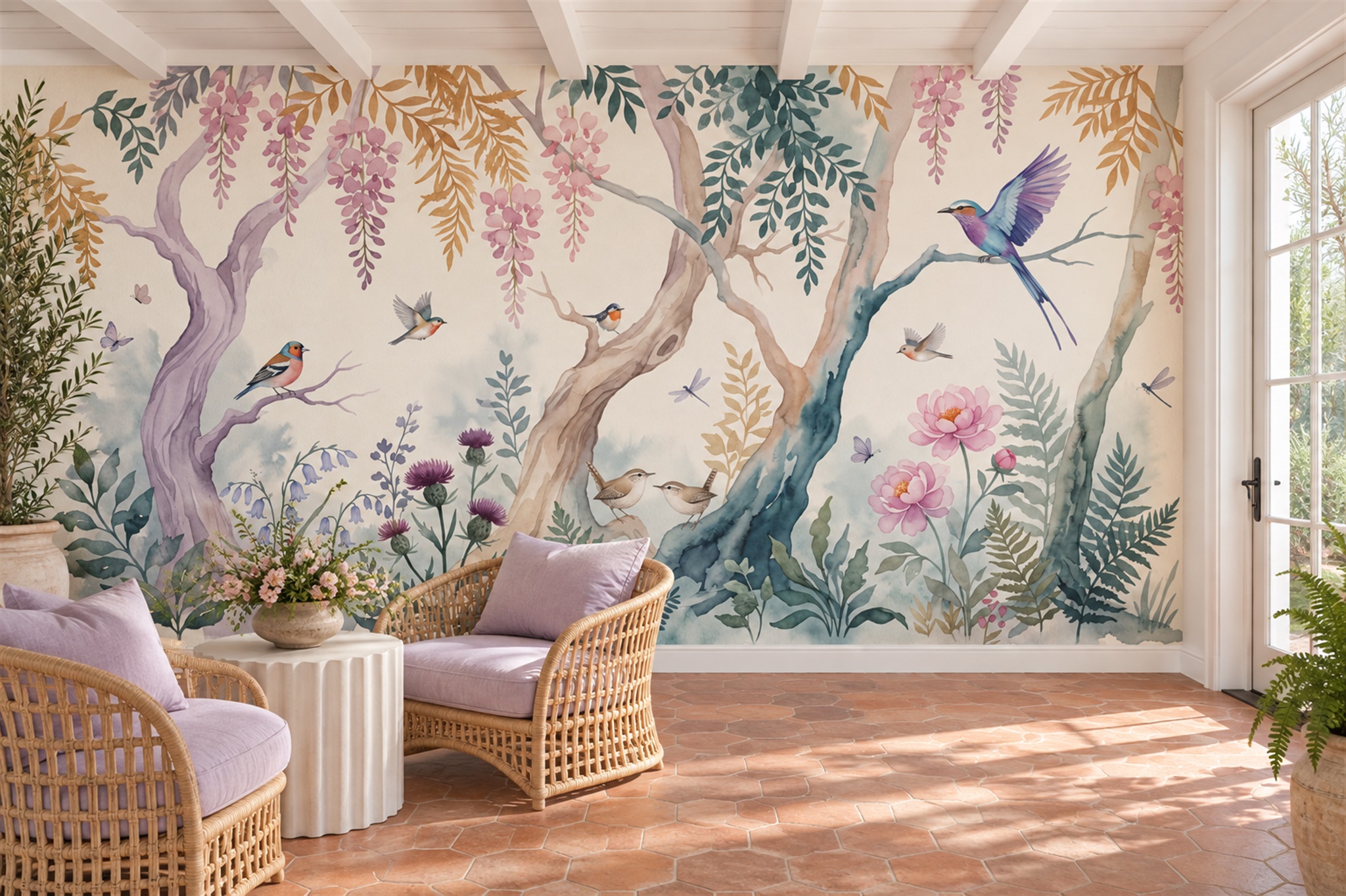 Watercolour Birds And Flowering Trees Wallpaper Mural — Wallpaper Mural Design, Peel-and-stick Finish
