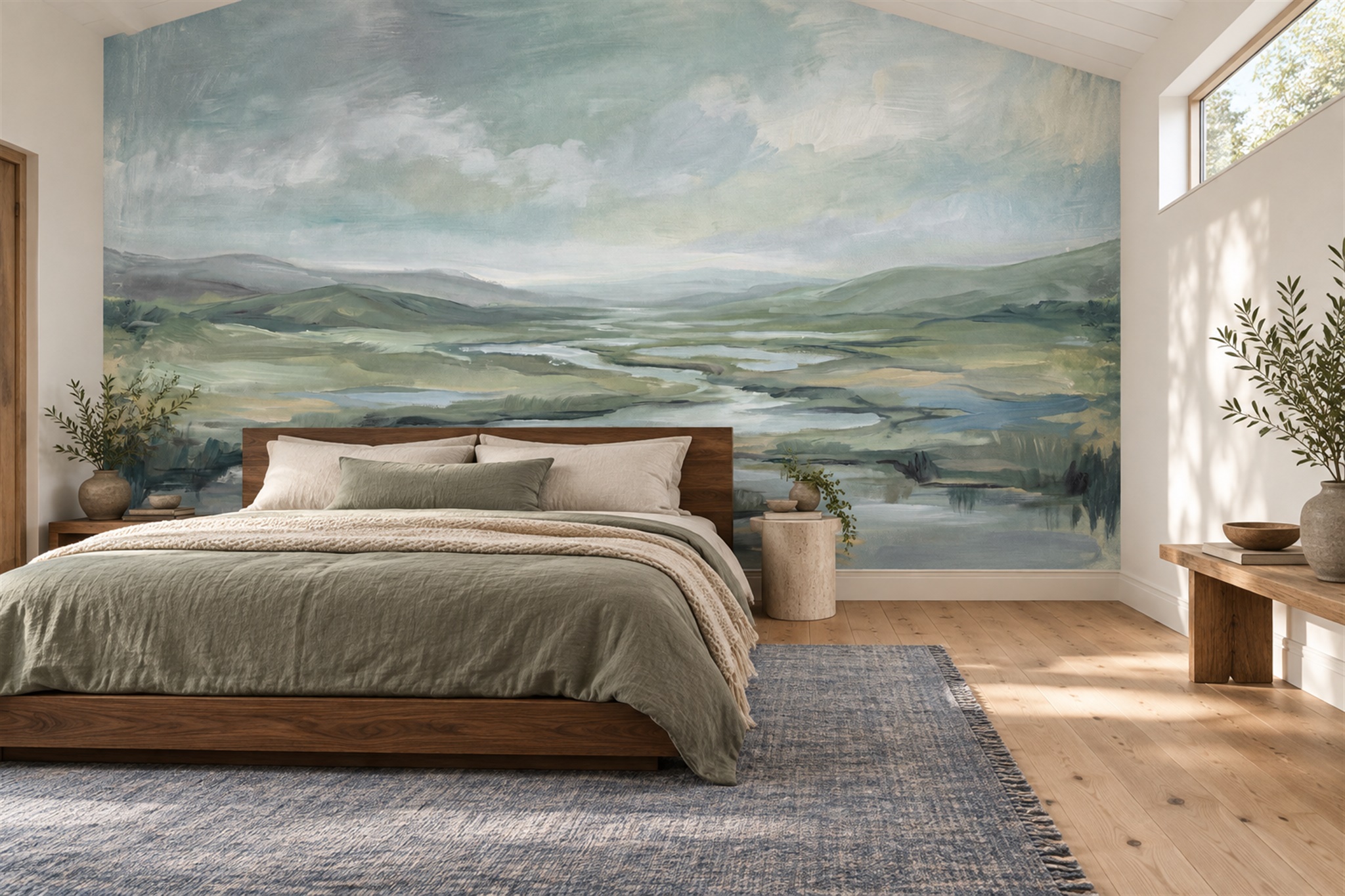 Sage Green River And Open Watercolour Landscape Wallpaper Mural — Installed Wallpaper Mural In A Bedroom, Peel-and-stick Finish