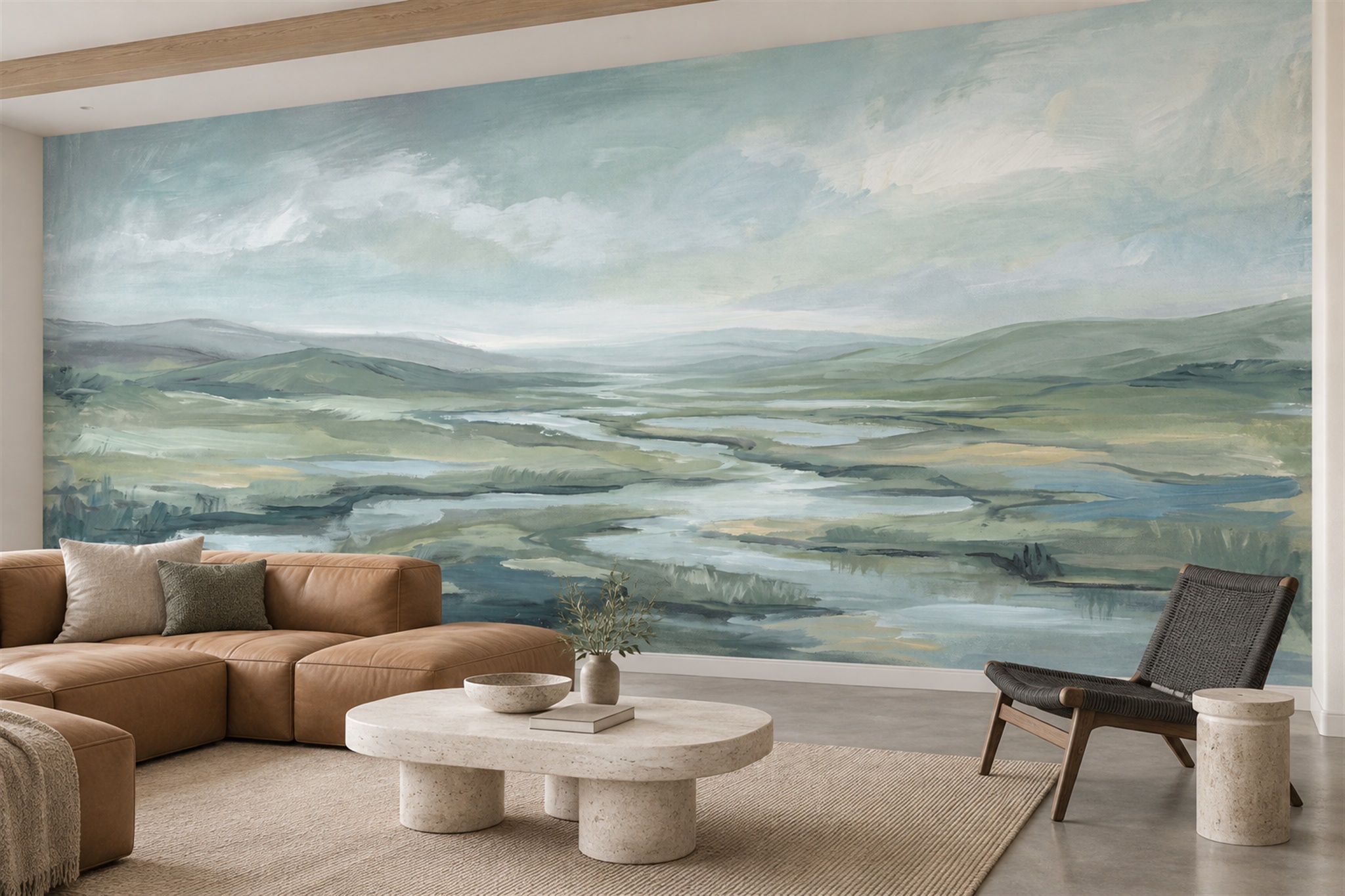 Sage River Scenic Textured Wallpaper Mural Living-room-wallpaper-murals, Shown In A Living Room, Peel-and-stick Finish