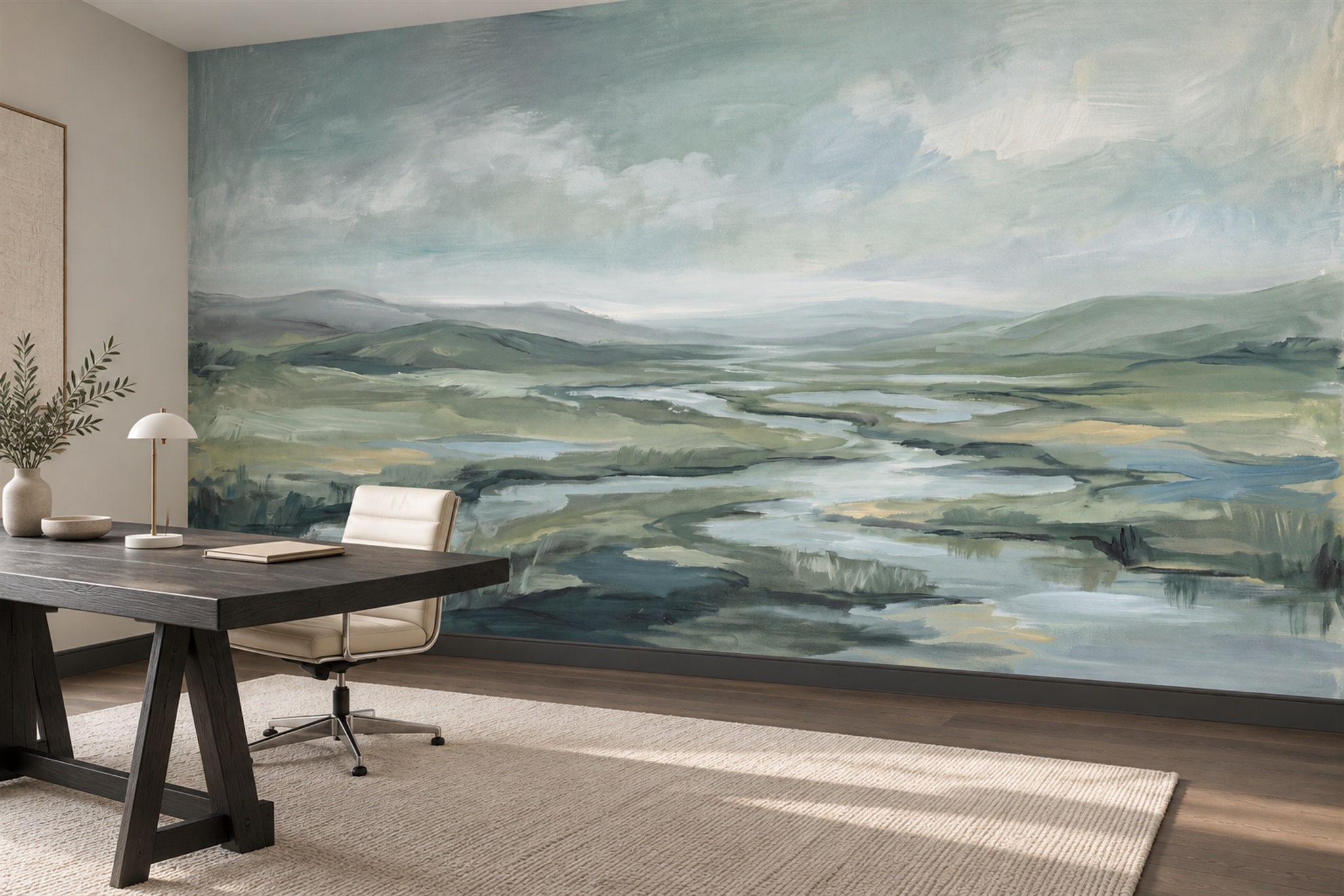 Sage River Scenic Textured Wallpaper Mural Bedroom-wallpaper-murals, Peel-and-stick Finish