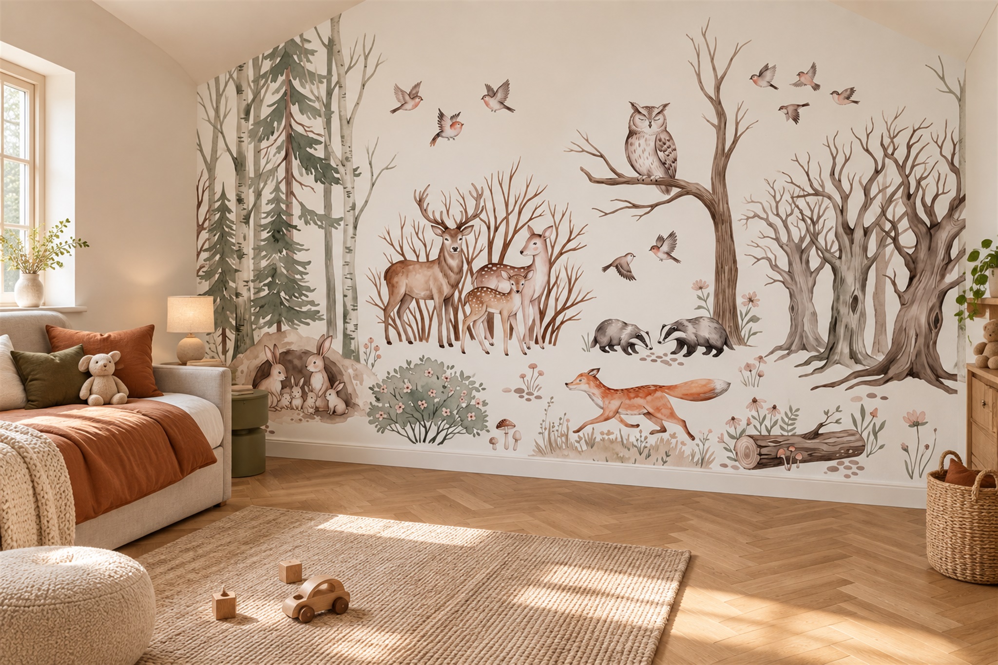 Sage Woodland Scenic Textured Wallpaper Mural Kids-room-wallpaper-murals, Peel-and-stick Finish