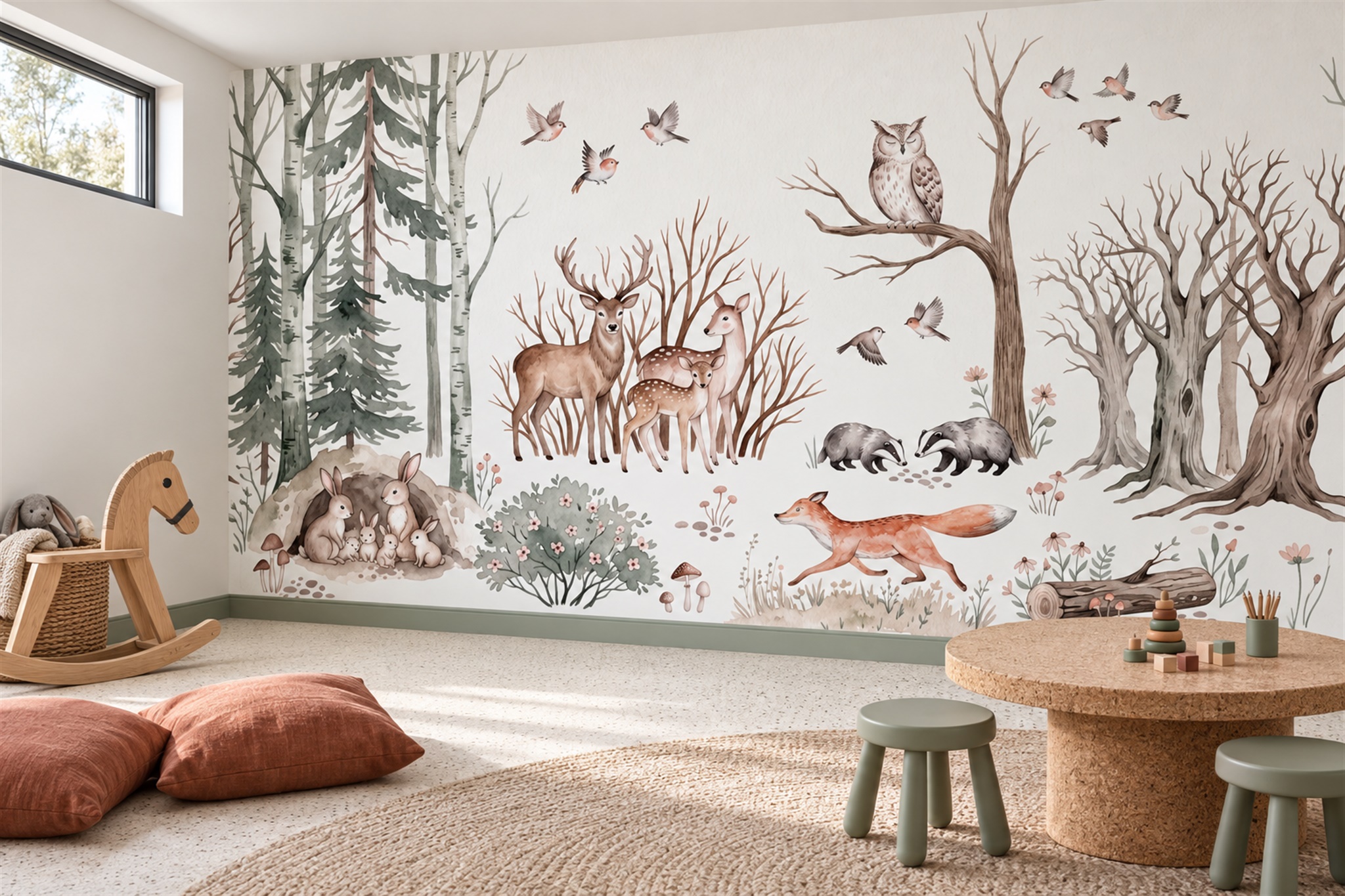 Woodland Animals Among Birch And Bare Trees Wallpaper Mural — Wallpaper Mural Design, Peel-and-stick Finish