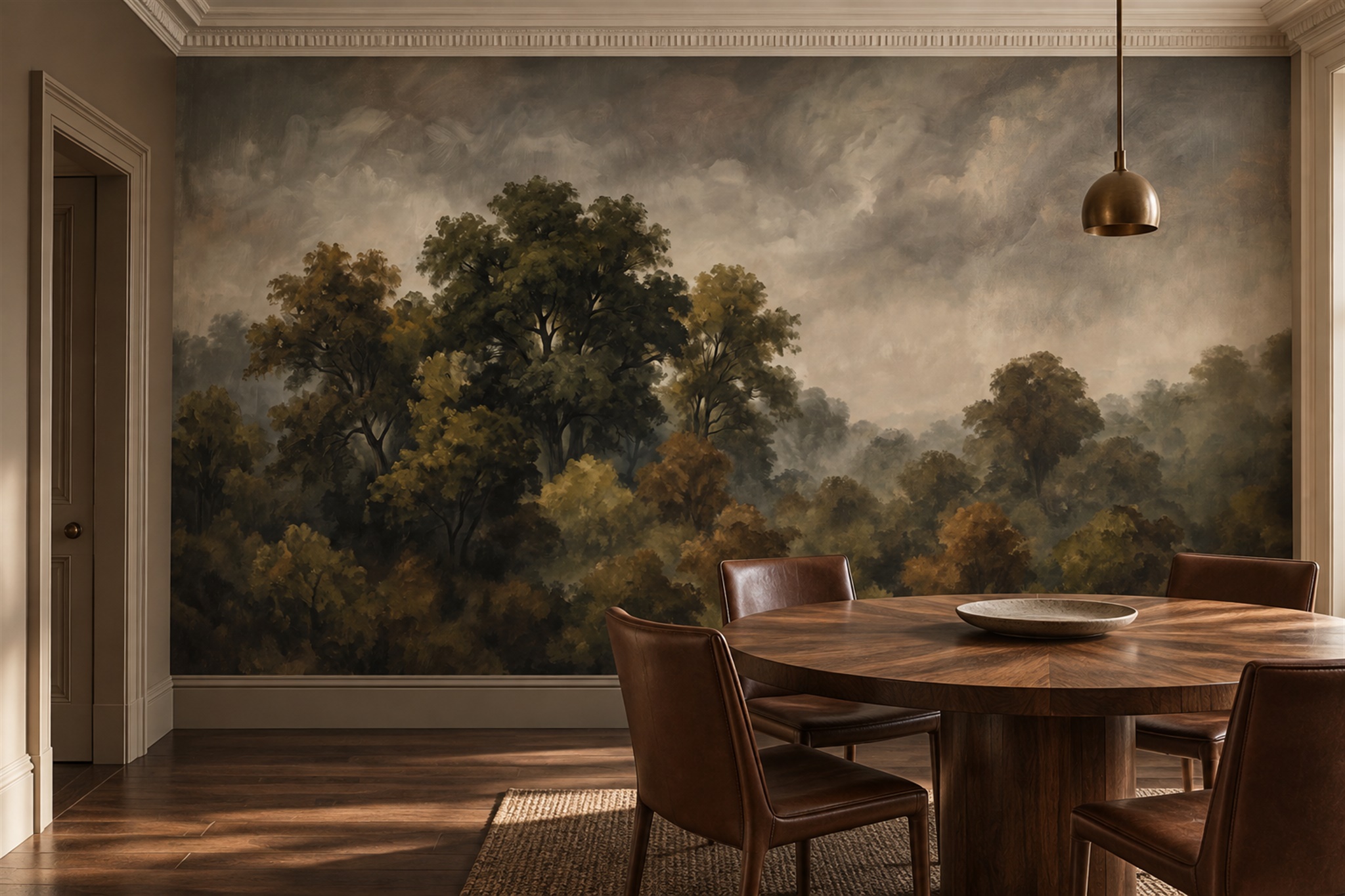 Olive Forest Scenic Decorative Wallpaper Mural Dining-room-wallpaper-murals, Shown In A Dining Room, Peel-and-stick Finish