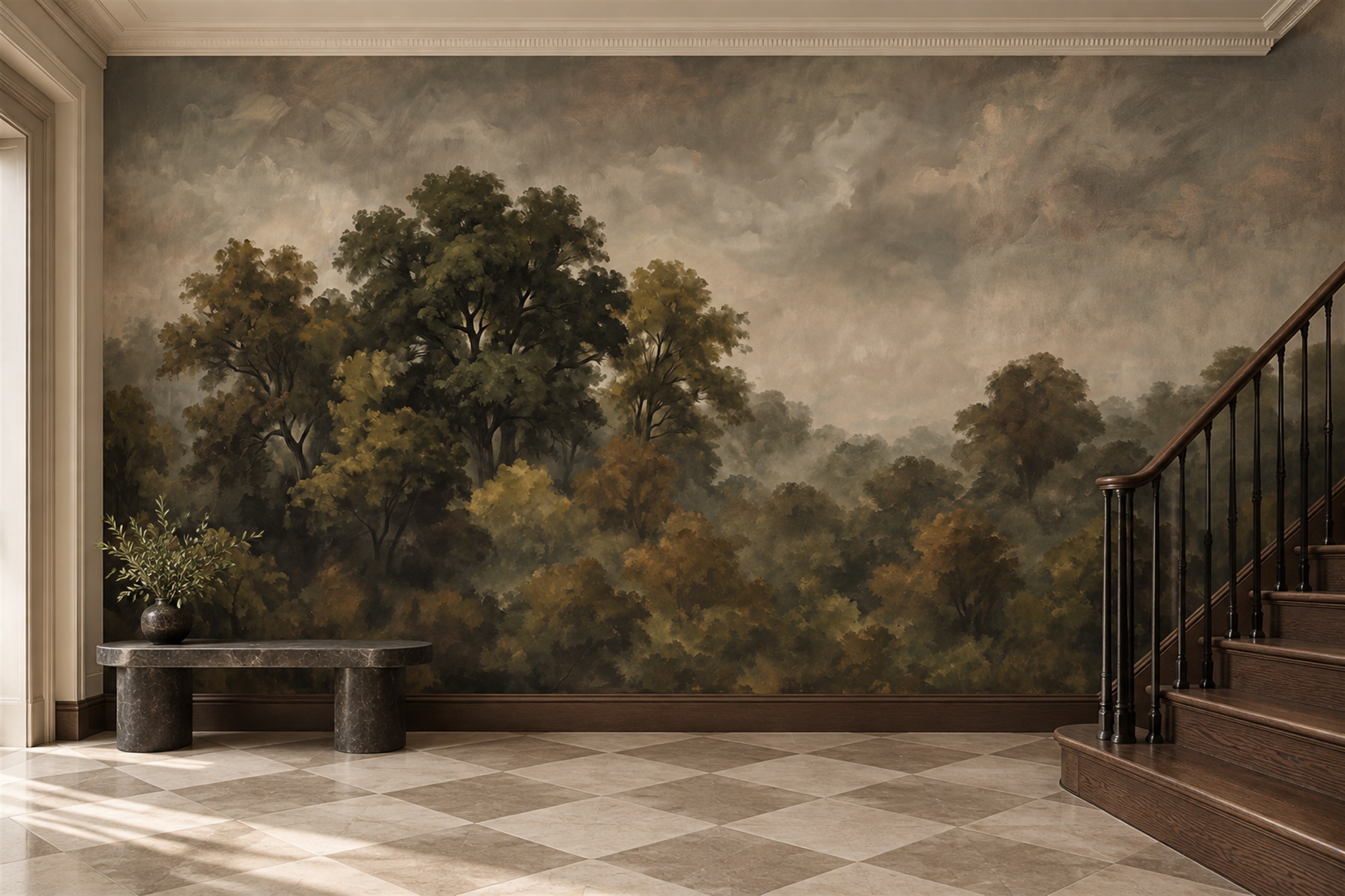 Olive Misty Forest Canopy Wallpaper Mural — Wallpaper Mural Design, Peel-and-stick Finish