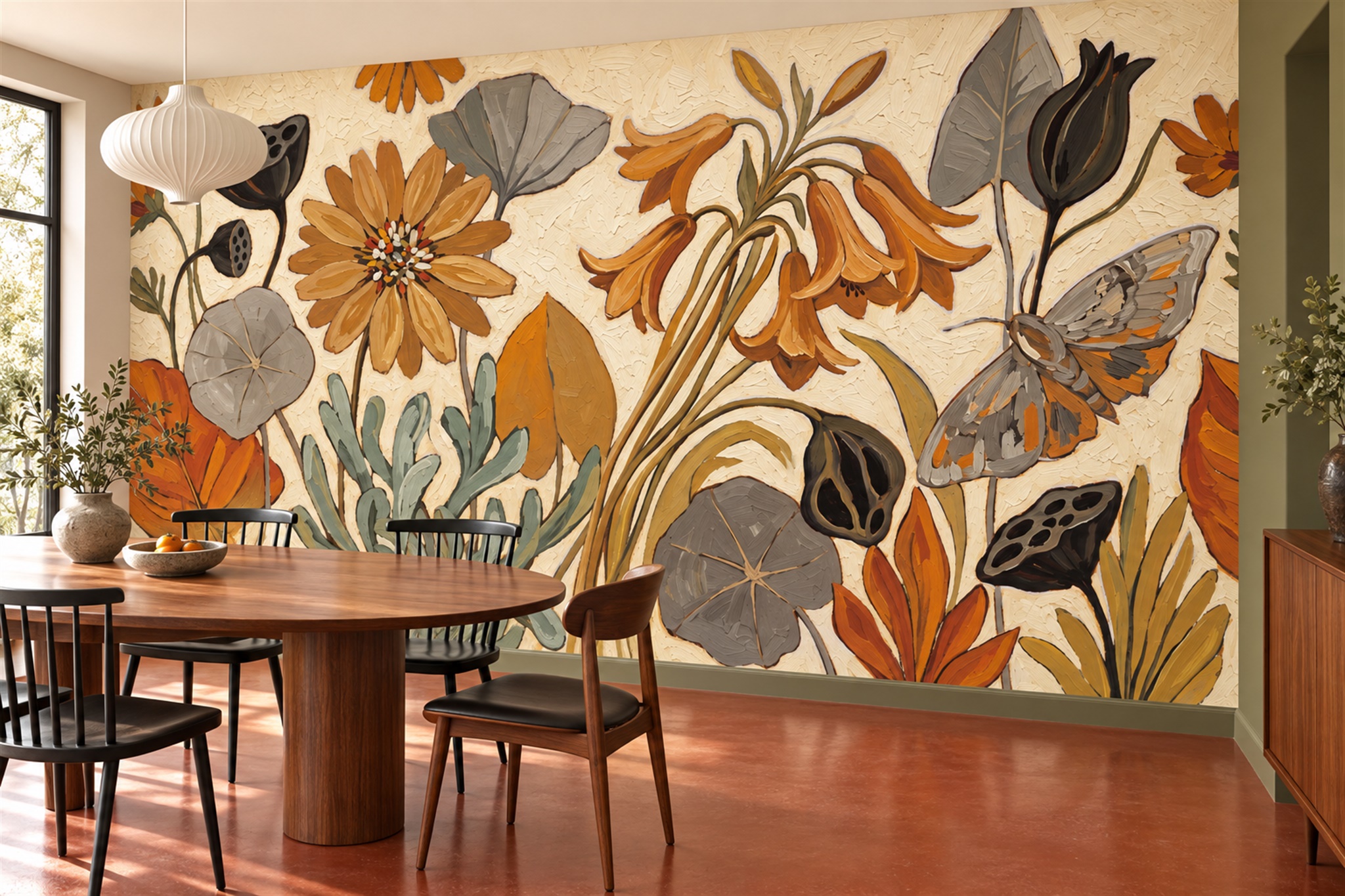 Ochre Botanical Botanical Wallpaper Mural Dining-room-wallpaper-murals, Shown In A Dining Room, Peel-and-stick Finish