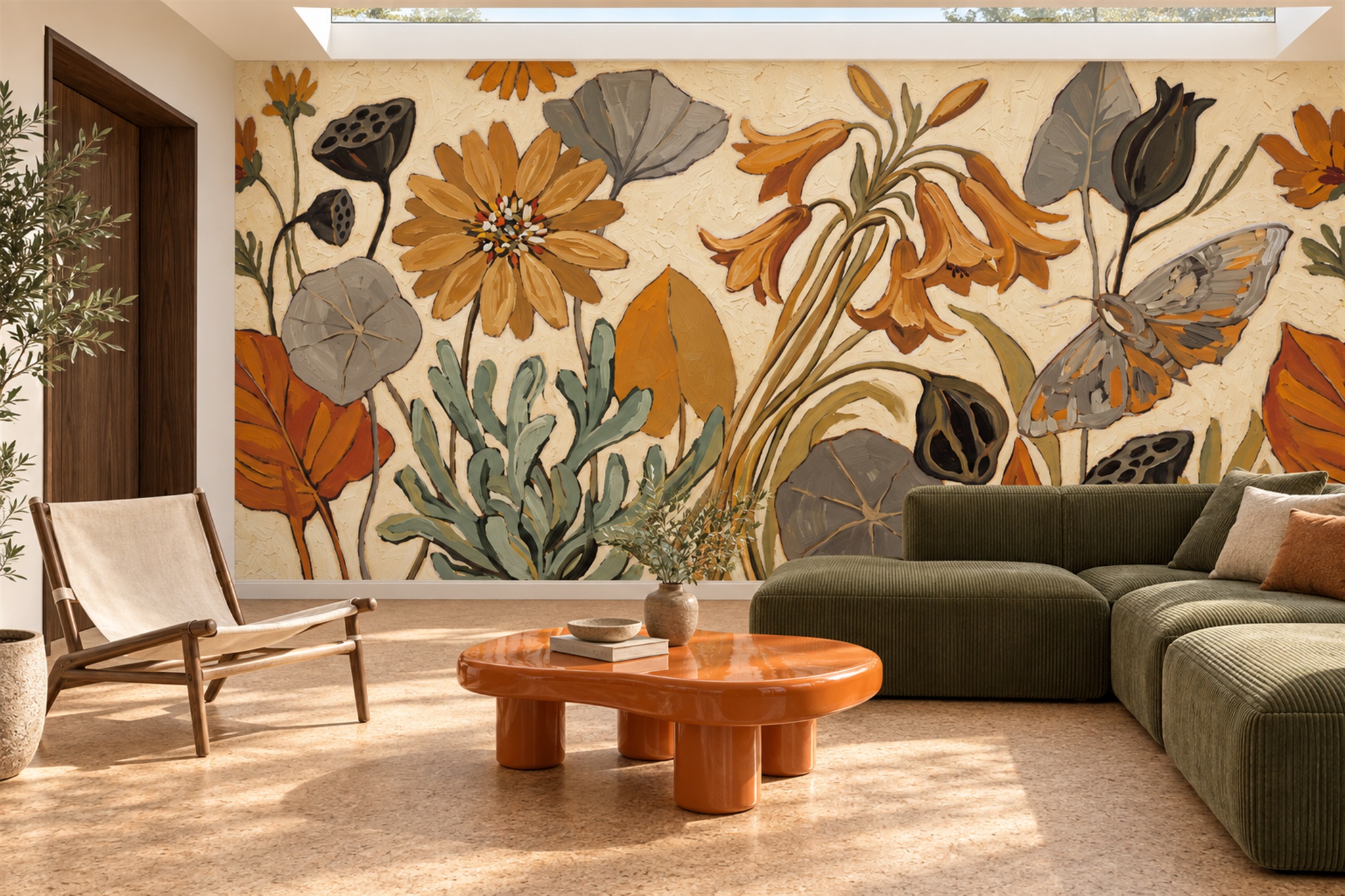 Ochre Botanical Botanical Wallpaper Mural Accent-wall-wallpaper-murals, Peel-and-stick Finish