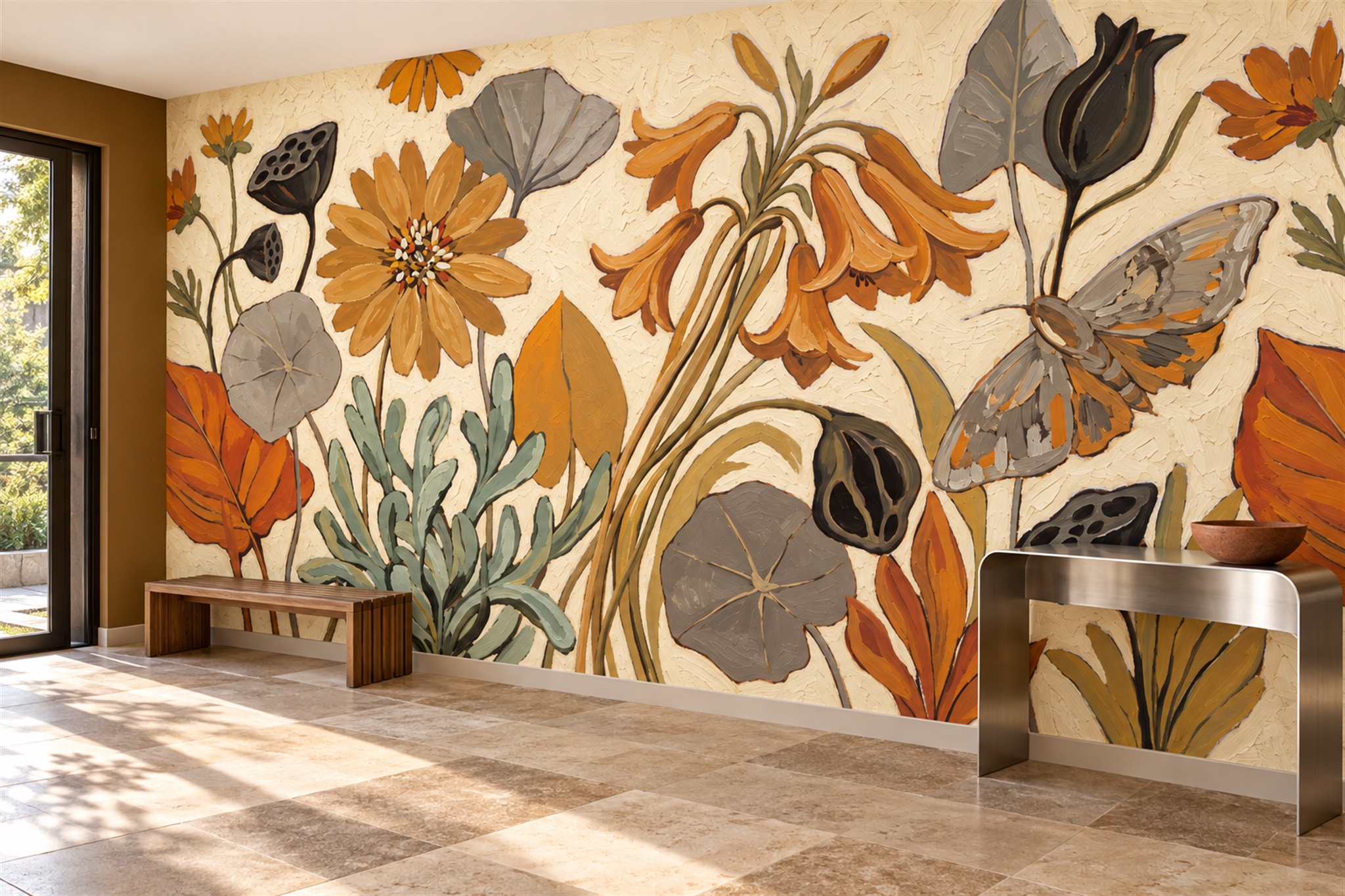 Ochre Botanical Botanical Wallpaper Mural Accent-wall-wallpaper-murals, Peel-and-stick Finish