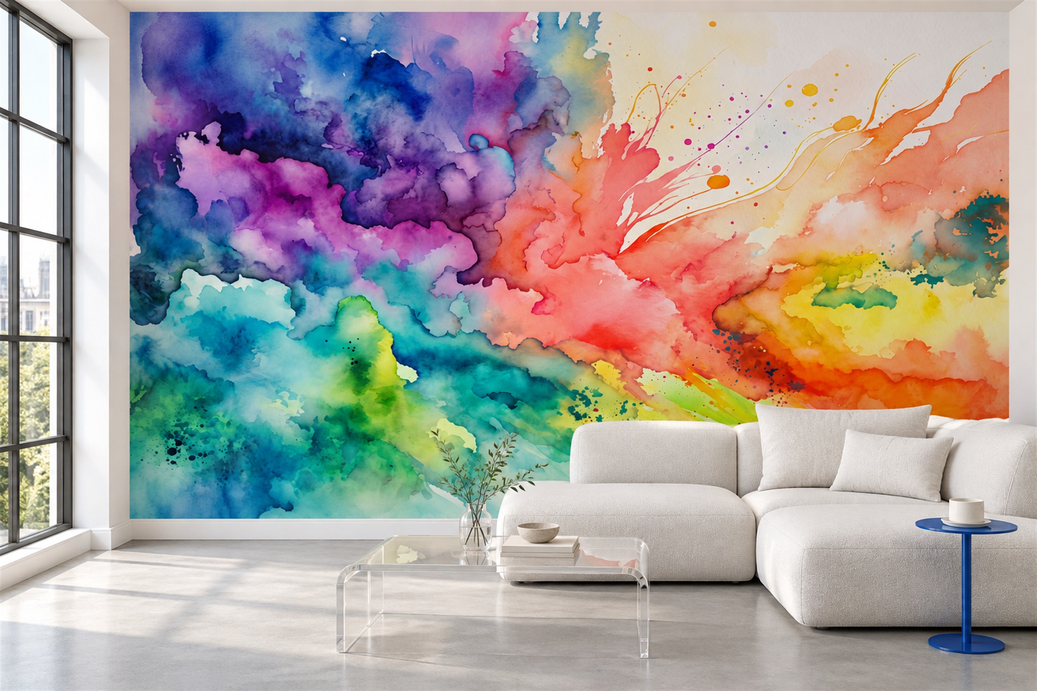 Multicolour Watercolour Burst Abstract Wallpaper Mural — Wallpaper Mural Design, Peel-and-stick Finish