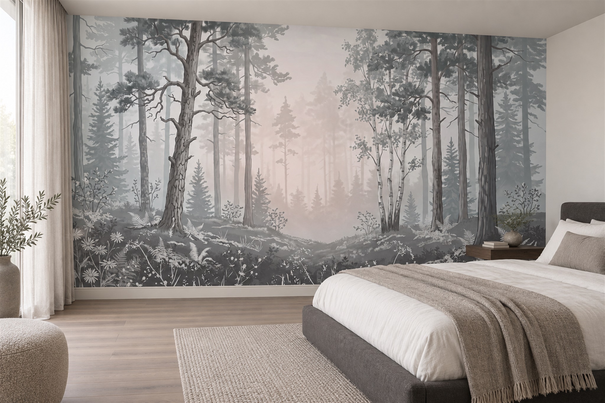 Grey Forest Scenic Layered Wallpaper Mural Bedroom-wallpaper-murals, Peel-and-stick Finish