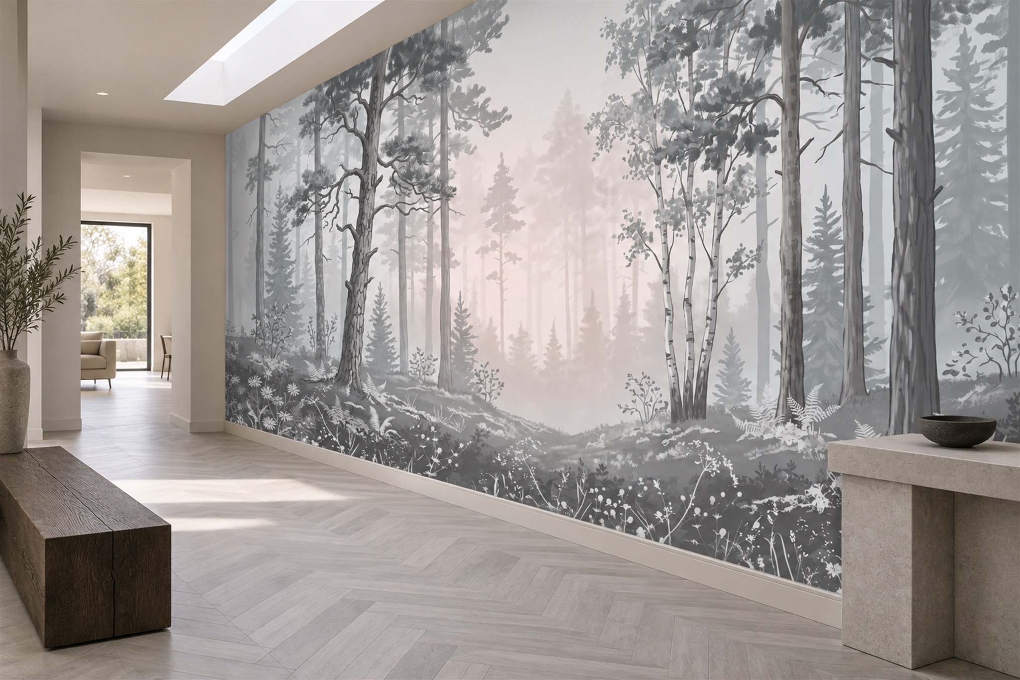 Grey Forest Scenic Layered Wallpaper Mural Entryway-wallpaper-murals, Peel-and-stick Finish