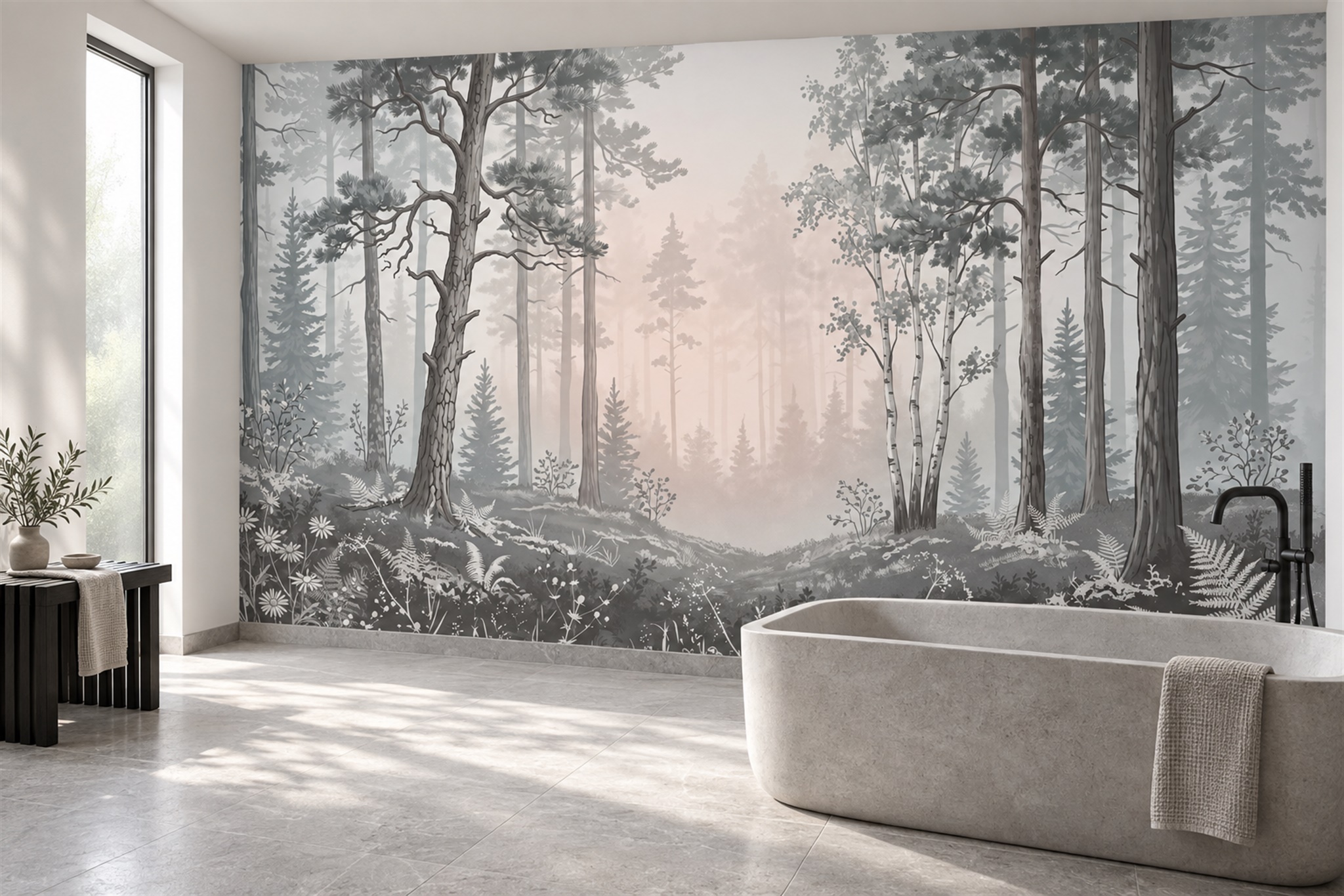 Grey Mist Forest Trunks Wallpaper Mural — Wallpaper Mural Design, Peel-and-stick Finish