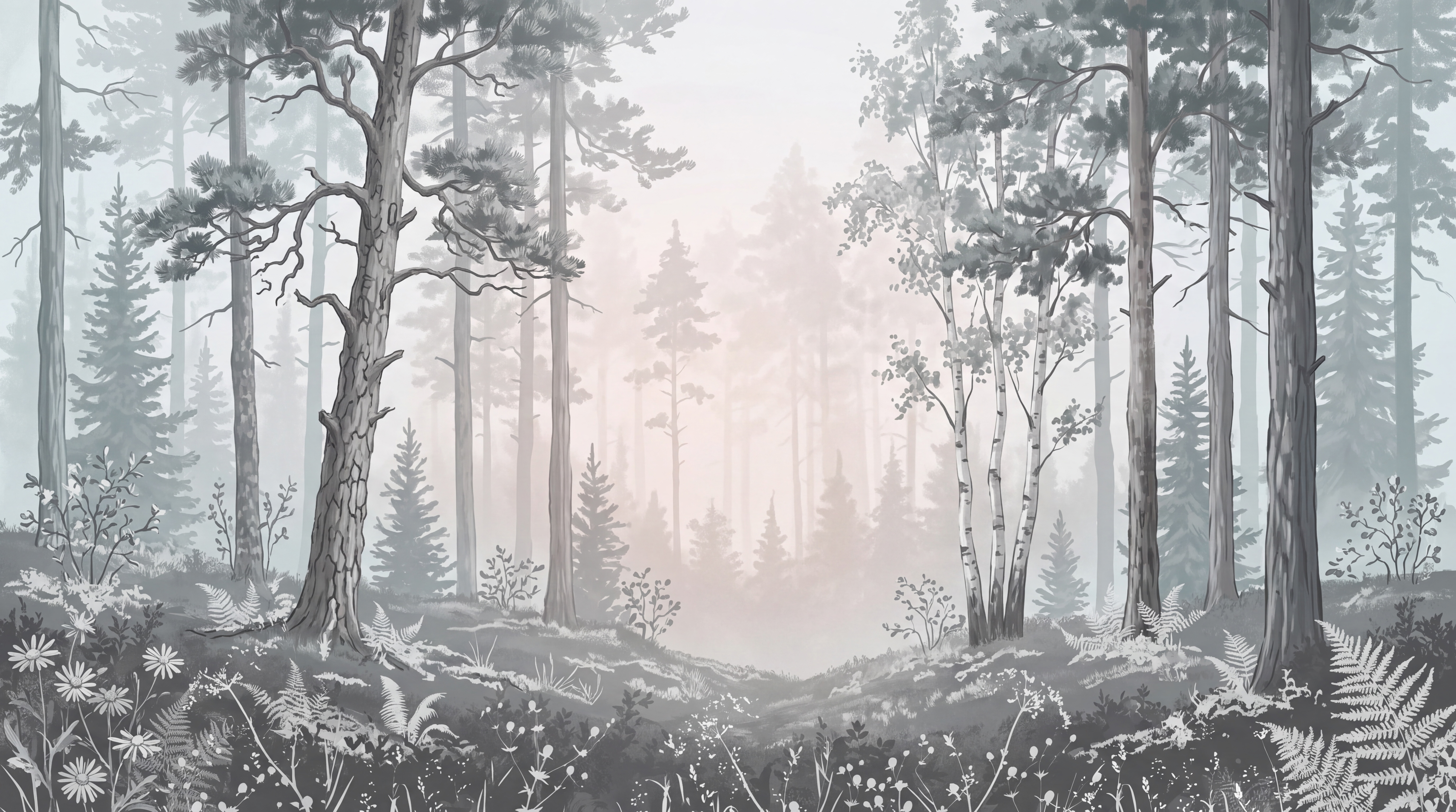 Grey Forest Scenic Layered Wallpaper Mural, Peel-and-stick Finish
