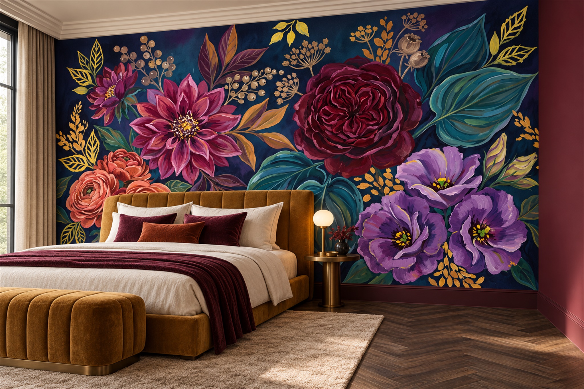 Navy Ground Jewel-tone Garden Flowers Wallpaper Mural — Installed Wallpaper Mural In A Bedroom, Peel-and-stick Finish