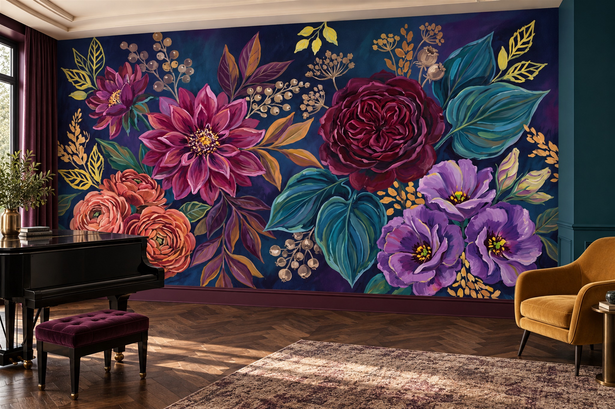 Navy Vintage Artful Layered Wallpaper Mural, Peel-and-stick Finish