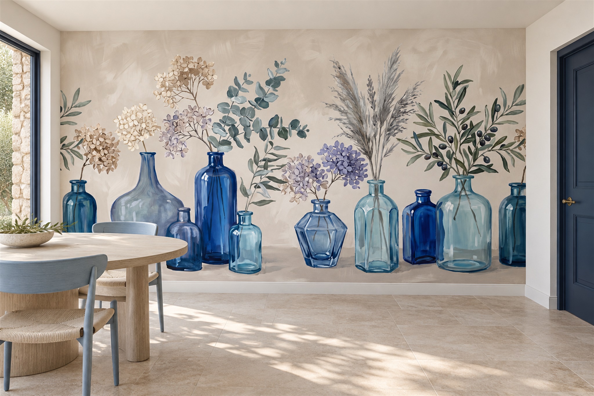 Blue Pattern Decorative Wallpaper Mural Layered Textured Forms Wallpaper Dining-room-wallpaper-murals, Shown In A Dining Room, Peel-and-stick Finish