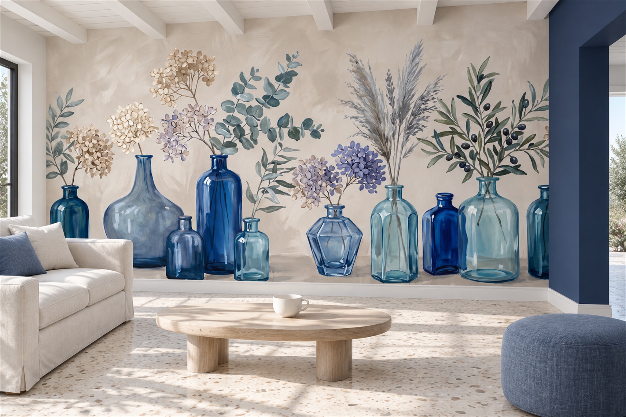 Blue Pattern Decorative Wallpaper Mural Layered Textured Forms Wallpaper Hallway-wallpaper-murals, Peel-and-stick Finish