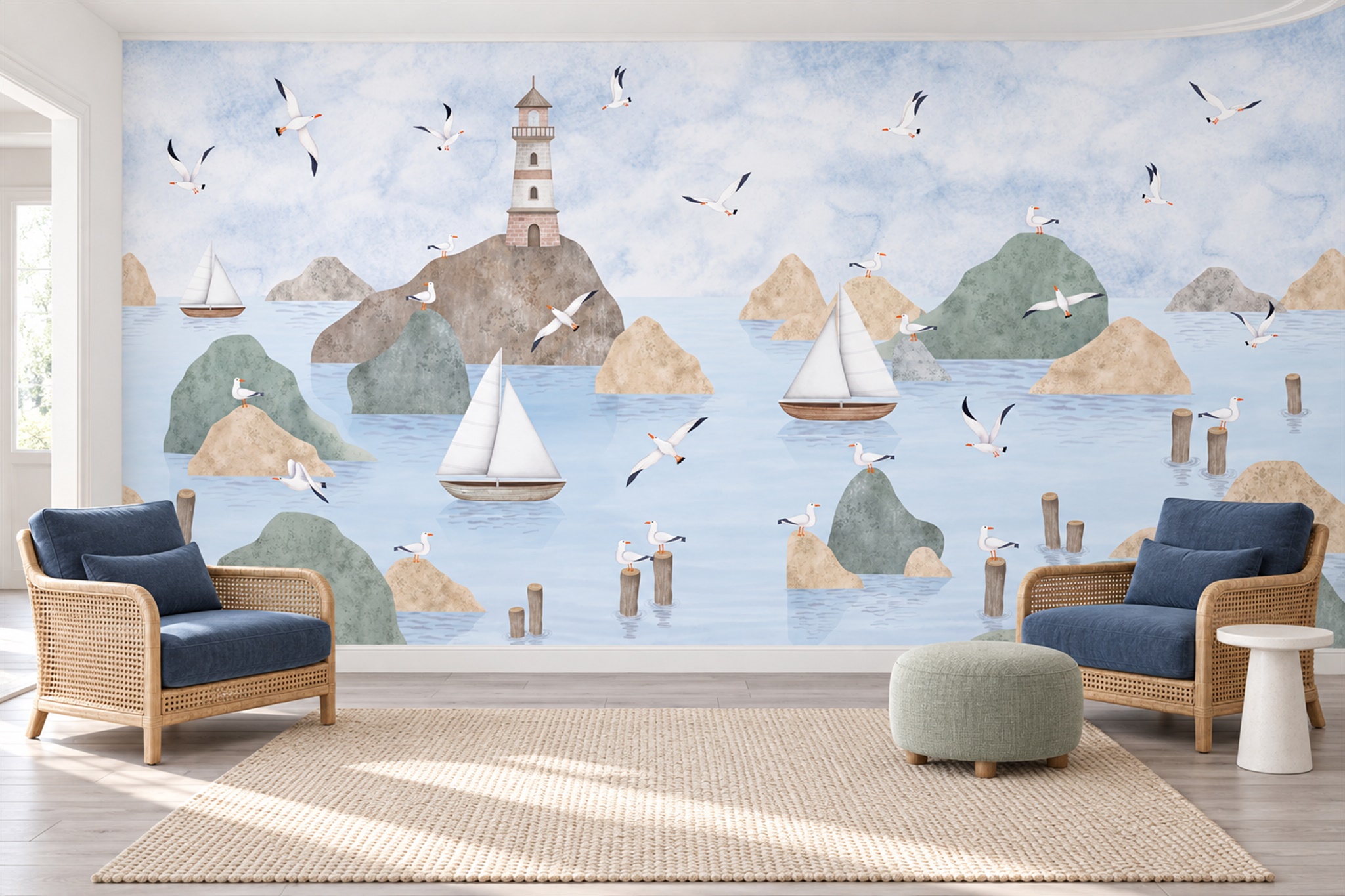 Lighthouse, Sailboats And Seagulls Coastal Wallpaper Mural — Wallpaper Mural Design, Peel-and-stick Finish