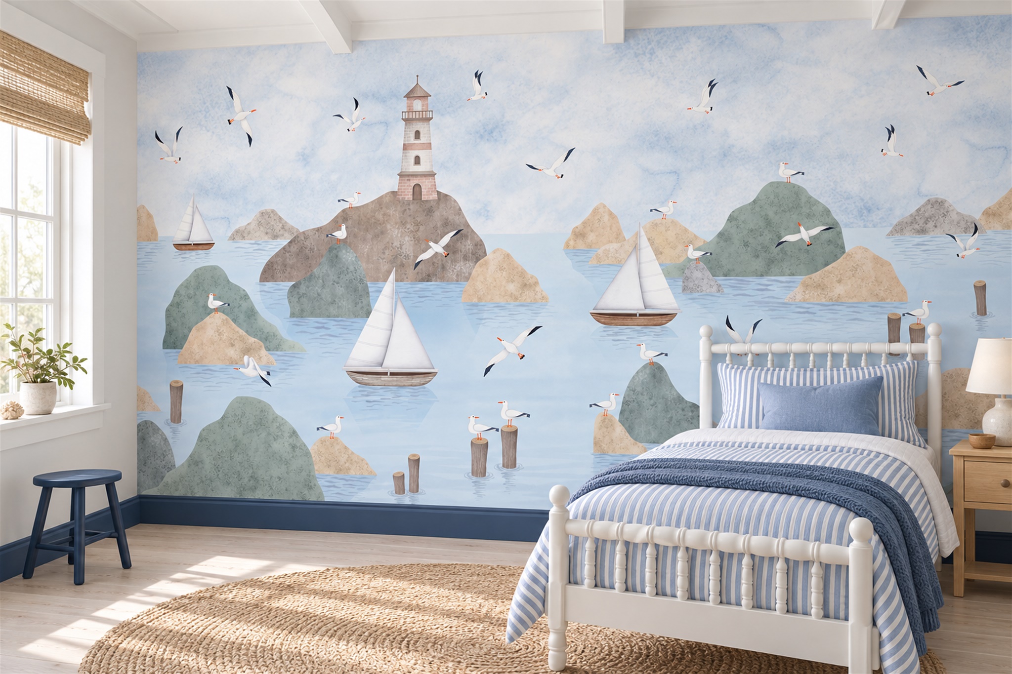 Blue Pattern Decorative Wallpaper Mural Layered Graphic Rhythm Wallpaper, Peel-and-stick Finish