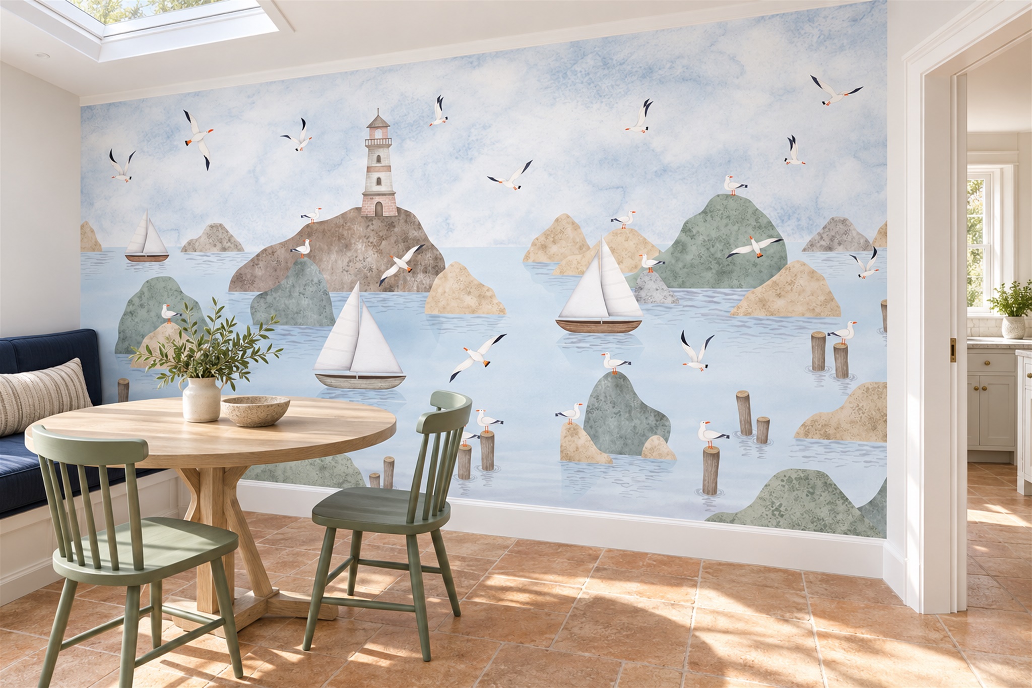 Blue Pattern Decorative Wallpaper Mural Layered Graphic Rhythm Wallpaper Dining-room-wallpaper-murals, Peel-and-stick Finish