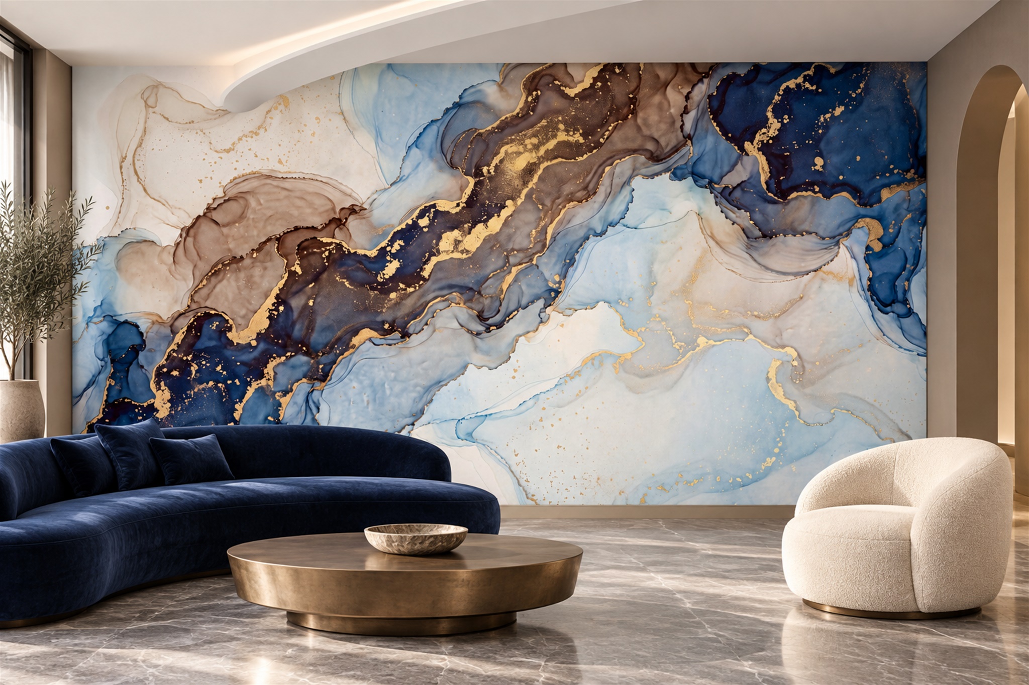 Blue Marble Decorative Painterly Wallpaper Mural Living-room-wallpaper-murals, Shown In A Living Room, Peel-and-stick Finish